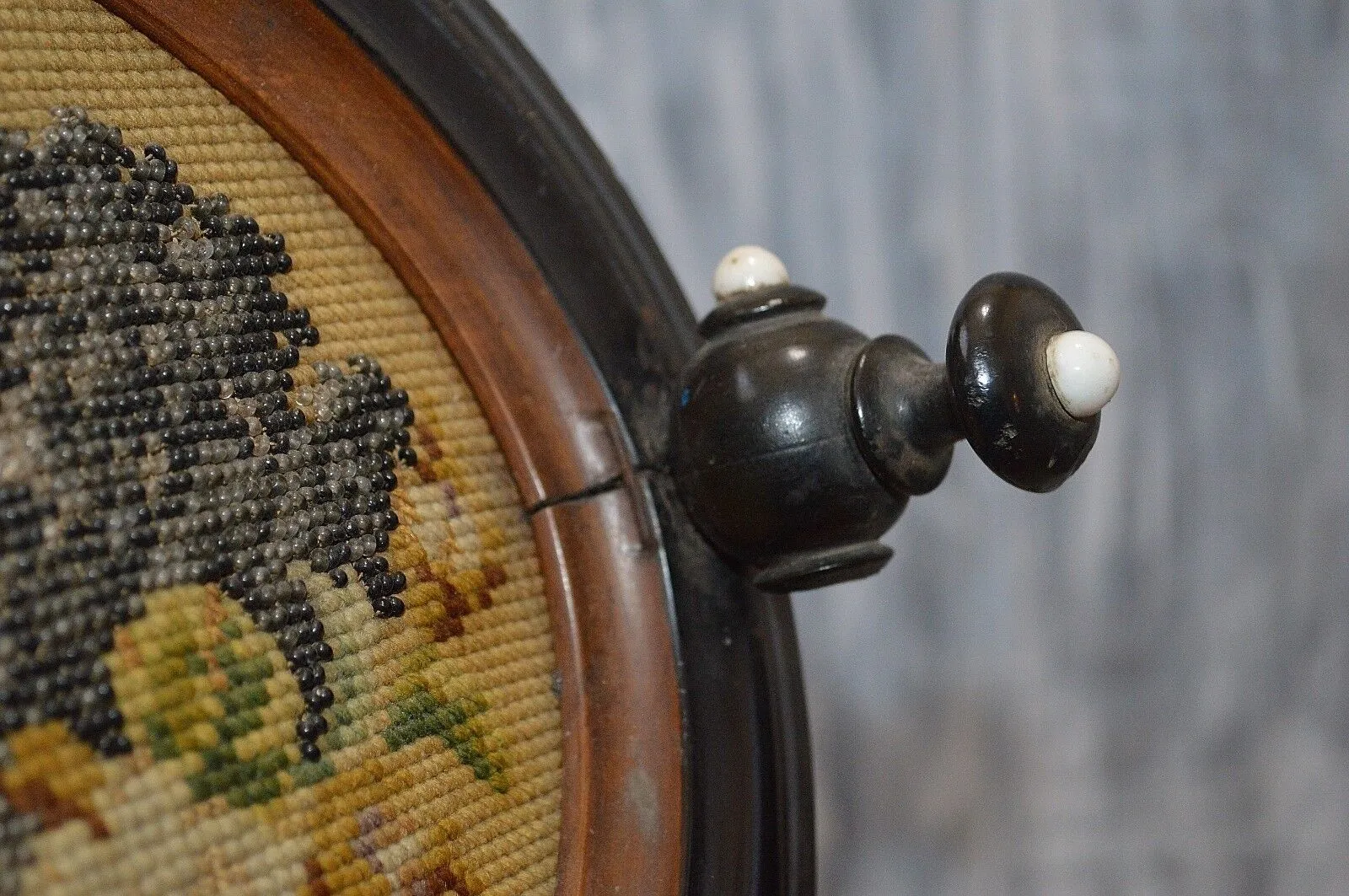 Antique German Wood Coat Hat Rack Beaded Needlepoint Cottage House Floral