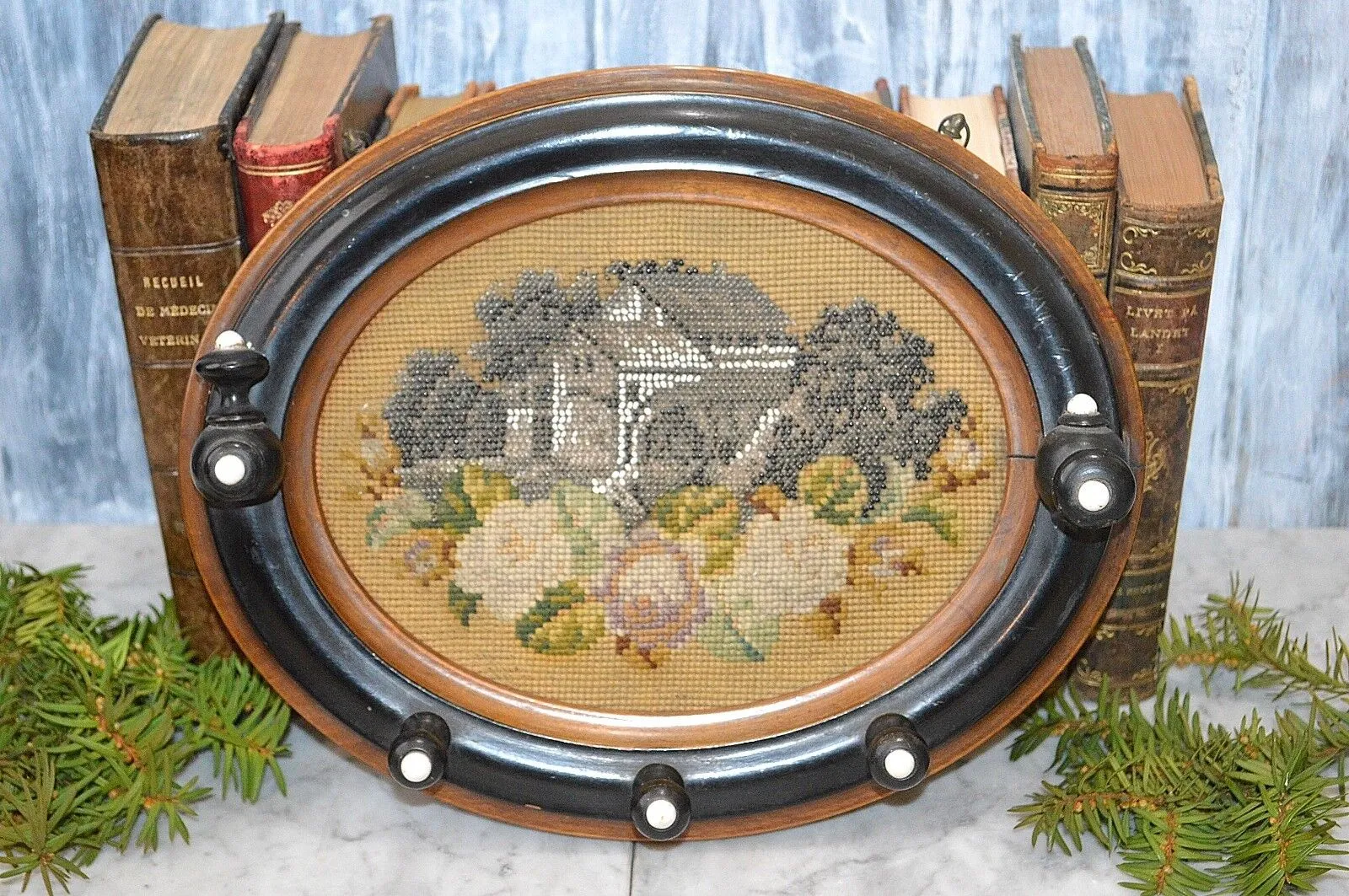 Antique German Wood Coat Hat Rack Beaded Needlepoint Cottage House Floral