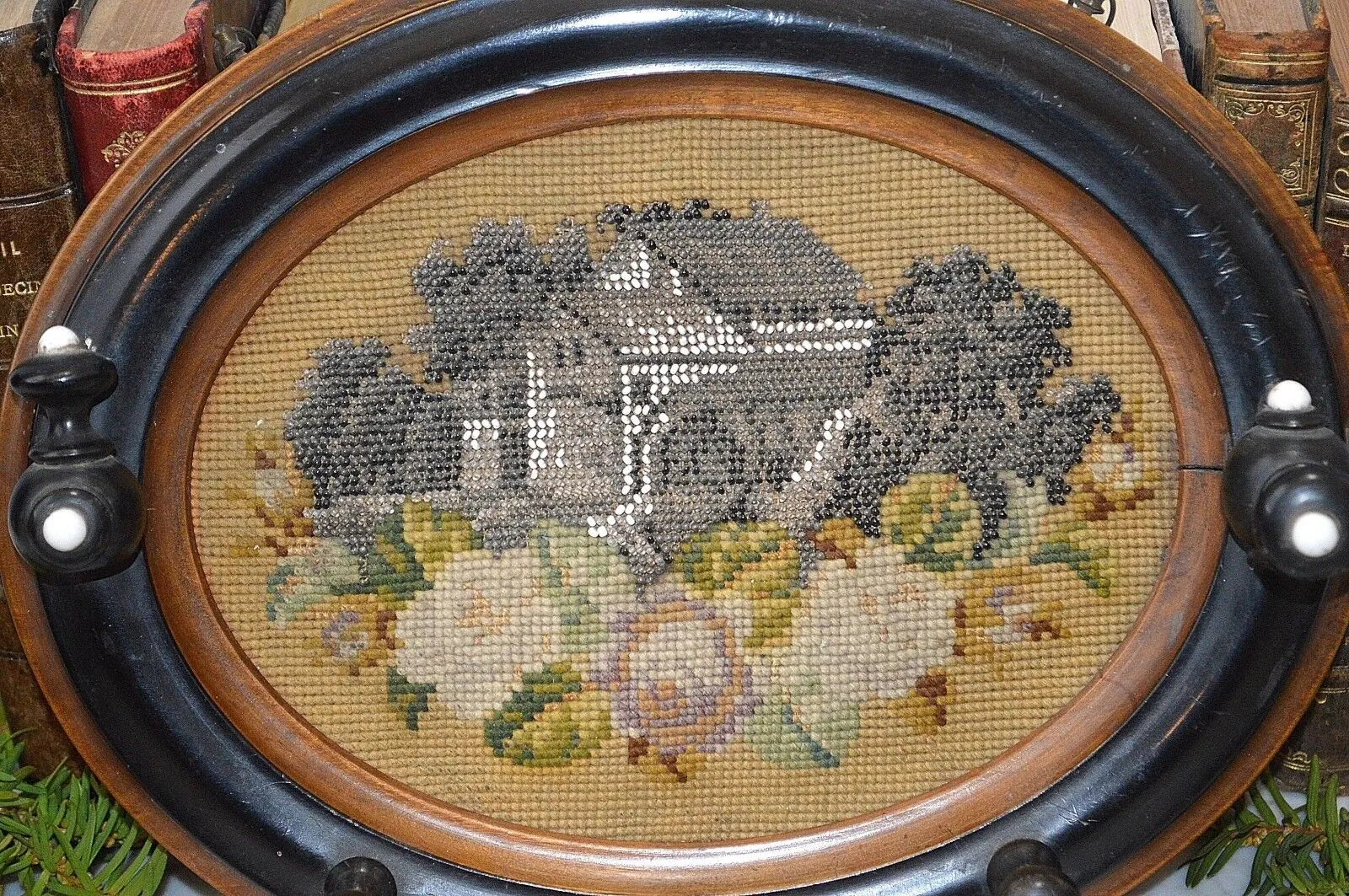 Antique German Wood Coat Hat Rack Beaded Needlepoint Cottage House Floral