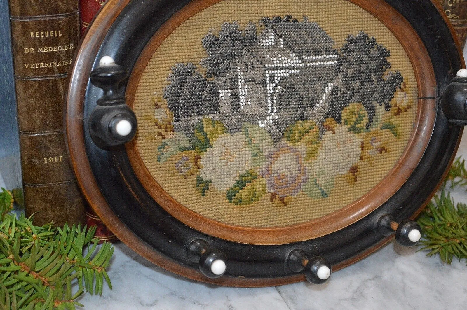 Antique German Wood Coat Hat Rack Beaded Needlepoint Cottage House Floral