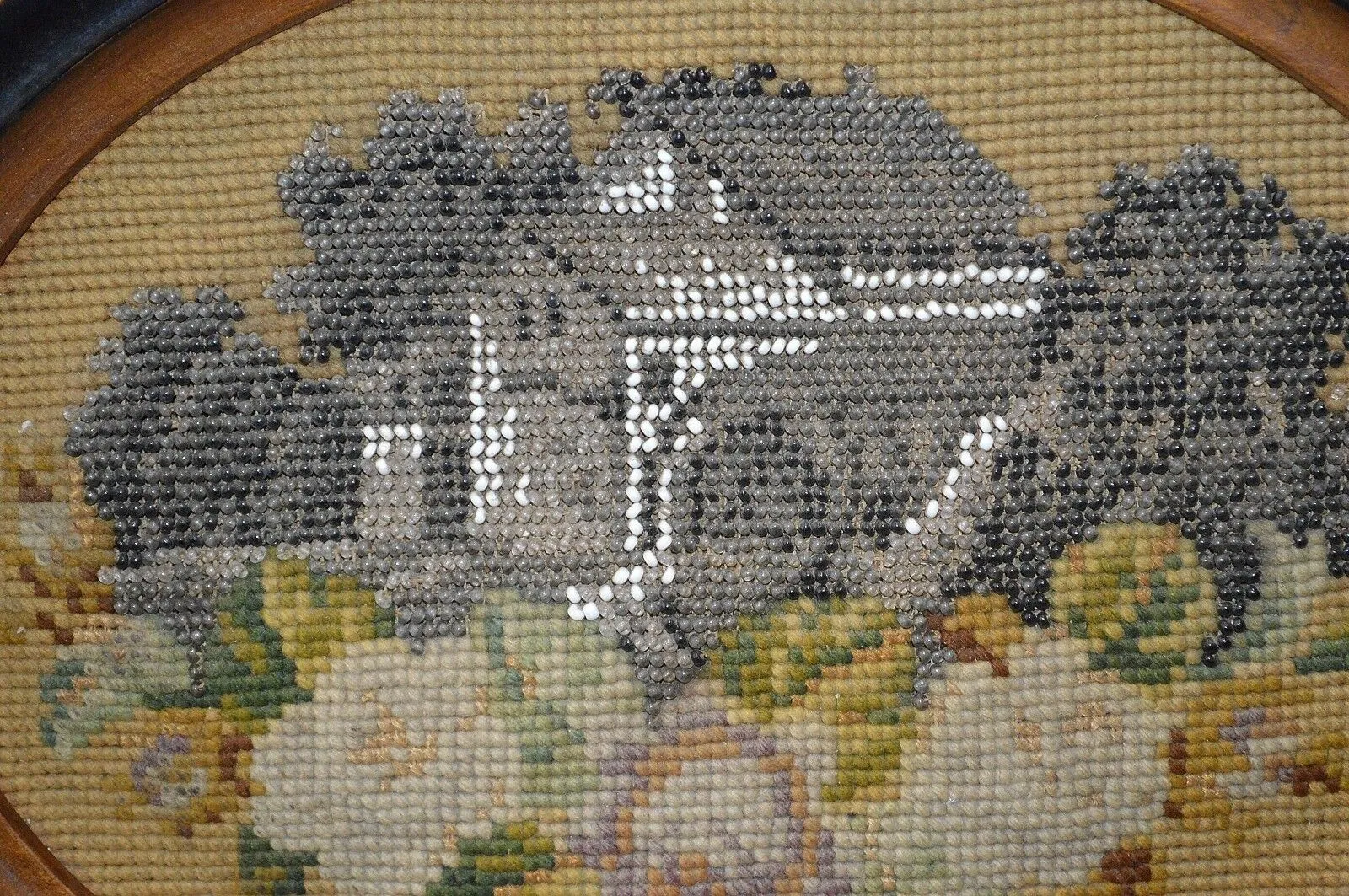 Antique German Wood Coat Hat Rack Beaded Needlepoint Cottage House Floral