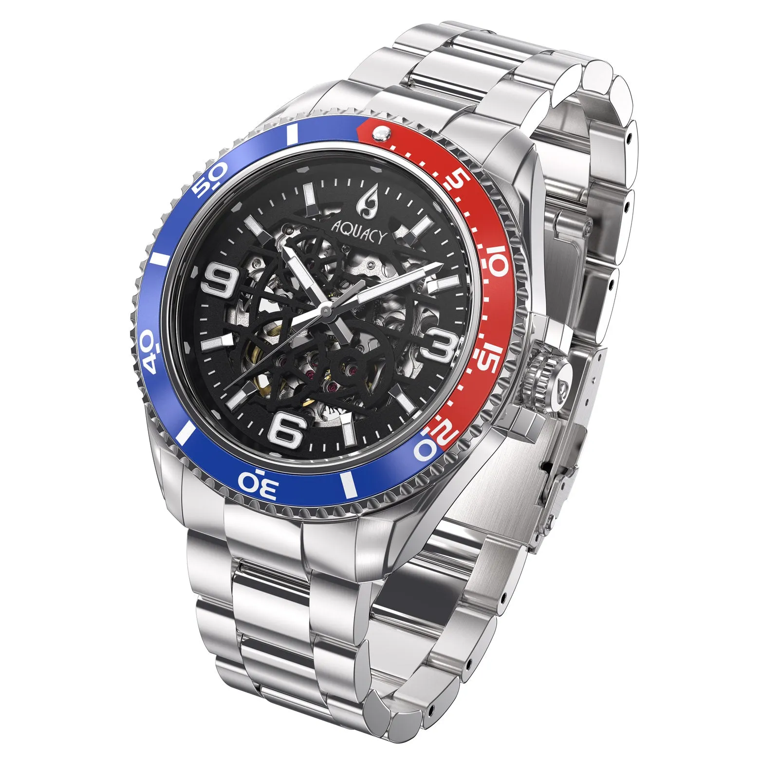 Aquacy Hei Matau Skeleton Watch 200M Black Dial Blue/Red Bezel Men's Automatic