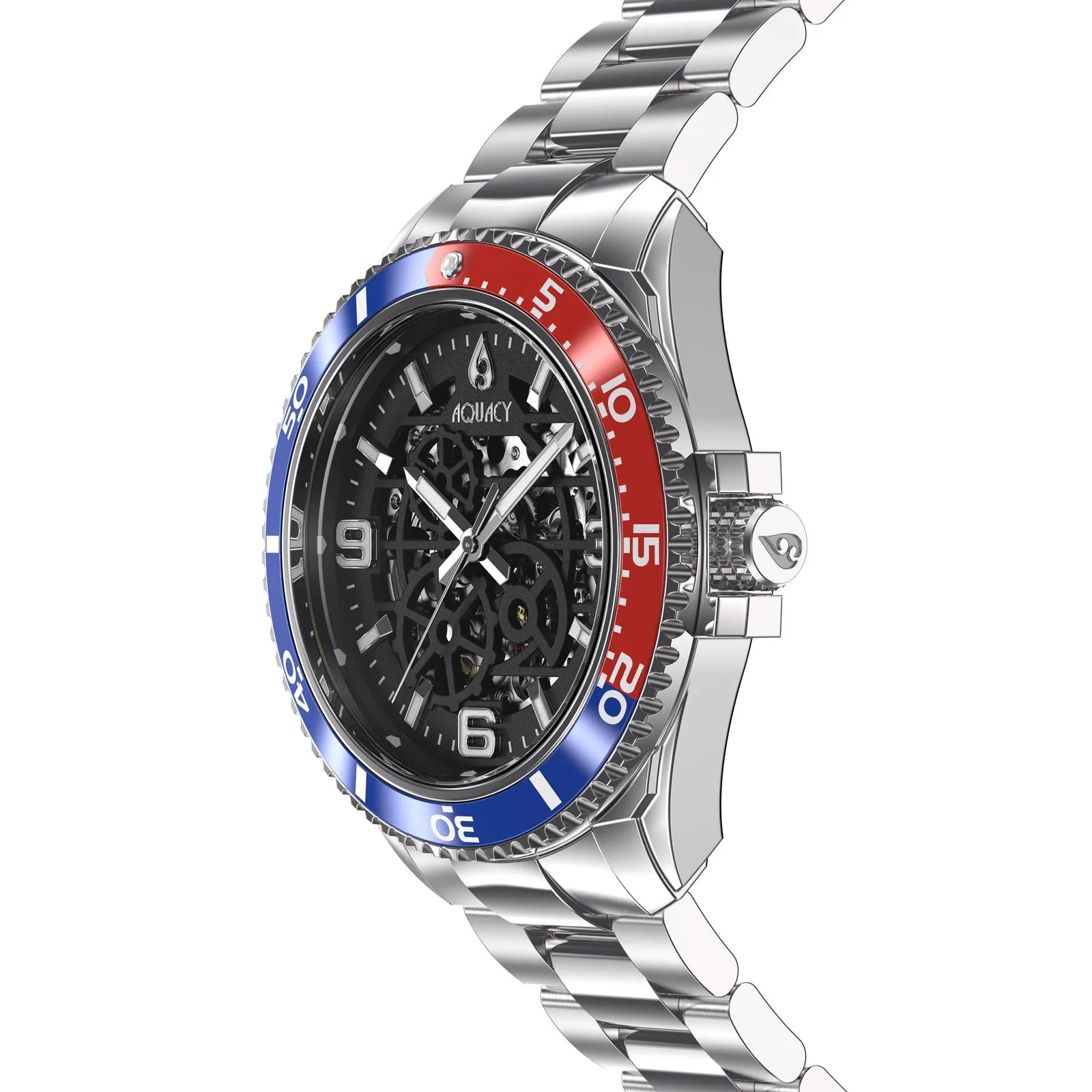 Aquacy Hei Matau Skeleton Watch 200M Black Dial Blue/Red Bezel Men's Automatic