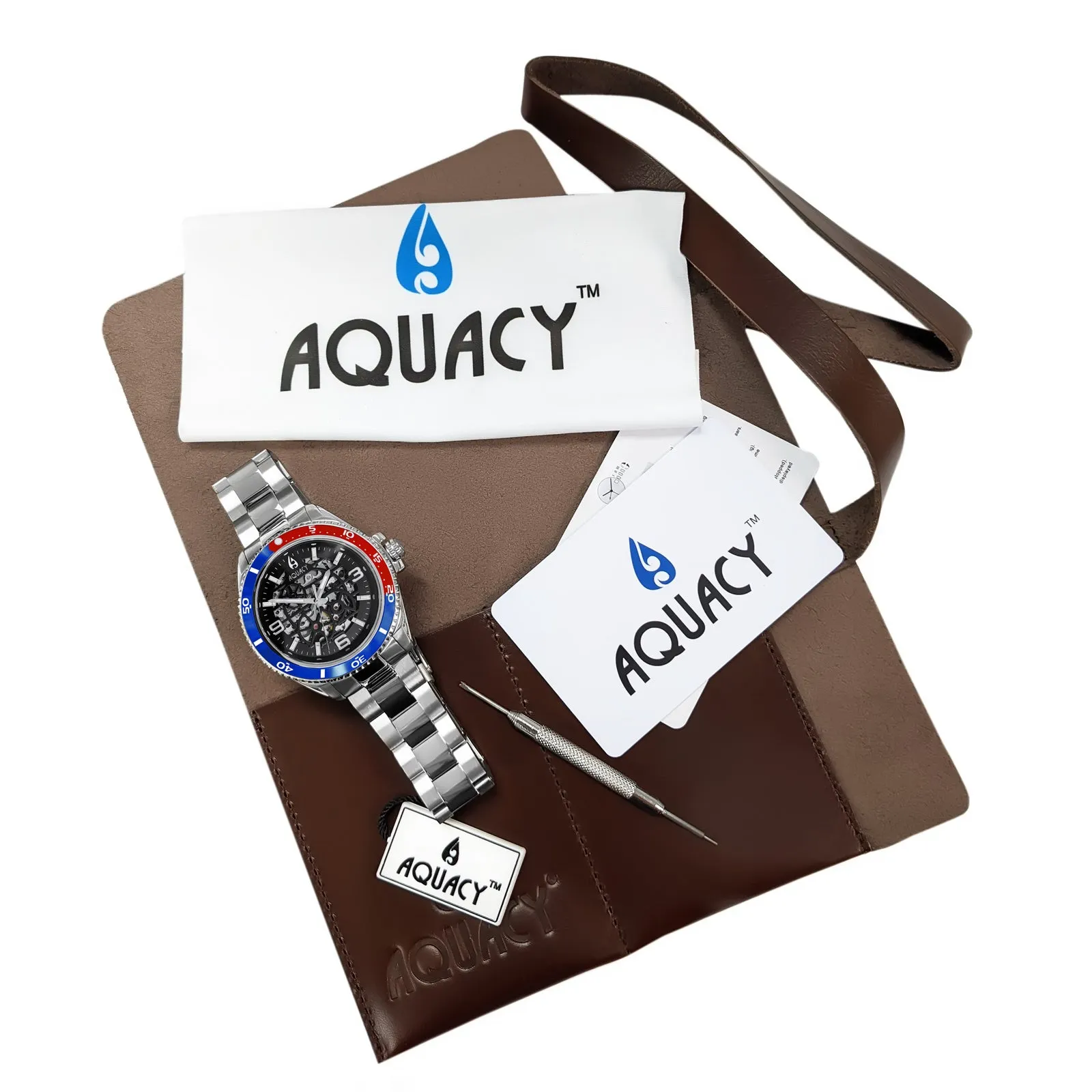 Aquacy Hei Matau Skeleton Watch 200M Black Dial Blue/Red Bezel Men's Automatic