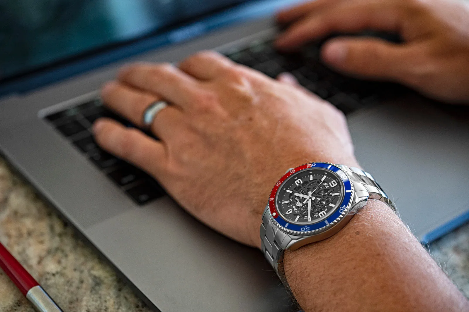 Aquacy Hei Matau Skeleton Watch 200M Black Dial Blue/Red Bezel Men's Automatic