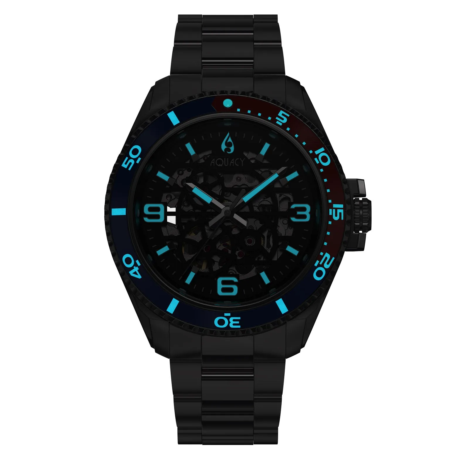 Aquacy Hei Matau Skeleton Watch 200M Black Dial Blue/Red Bezel Men's Automatic