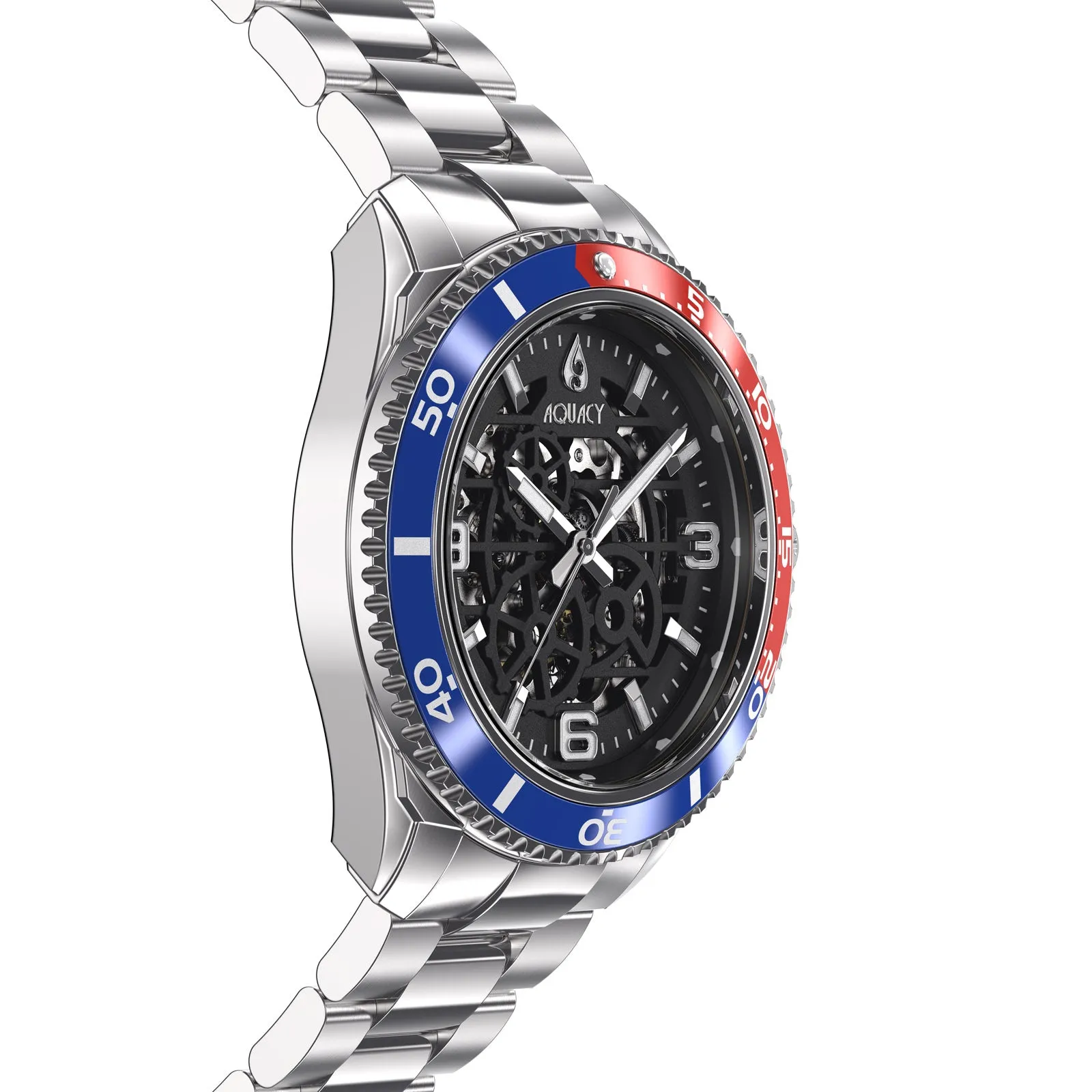 Aquacy Hei Matau Skeleton Watch 200M Black Dial Blue/Red Bezel Men's Automatic
