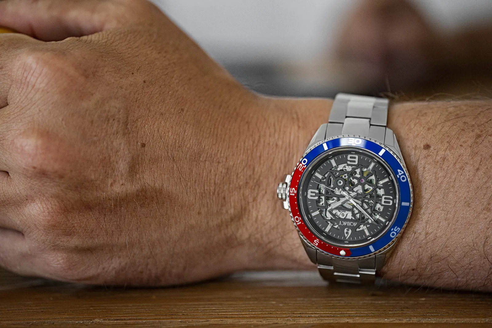 Aquacy Hei Matau Skeleton Watch 200M Black Dial Blue/Red Bezel Men's Automatic