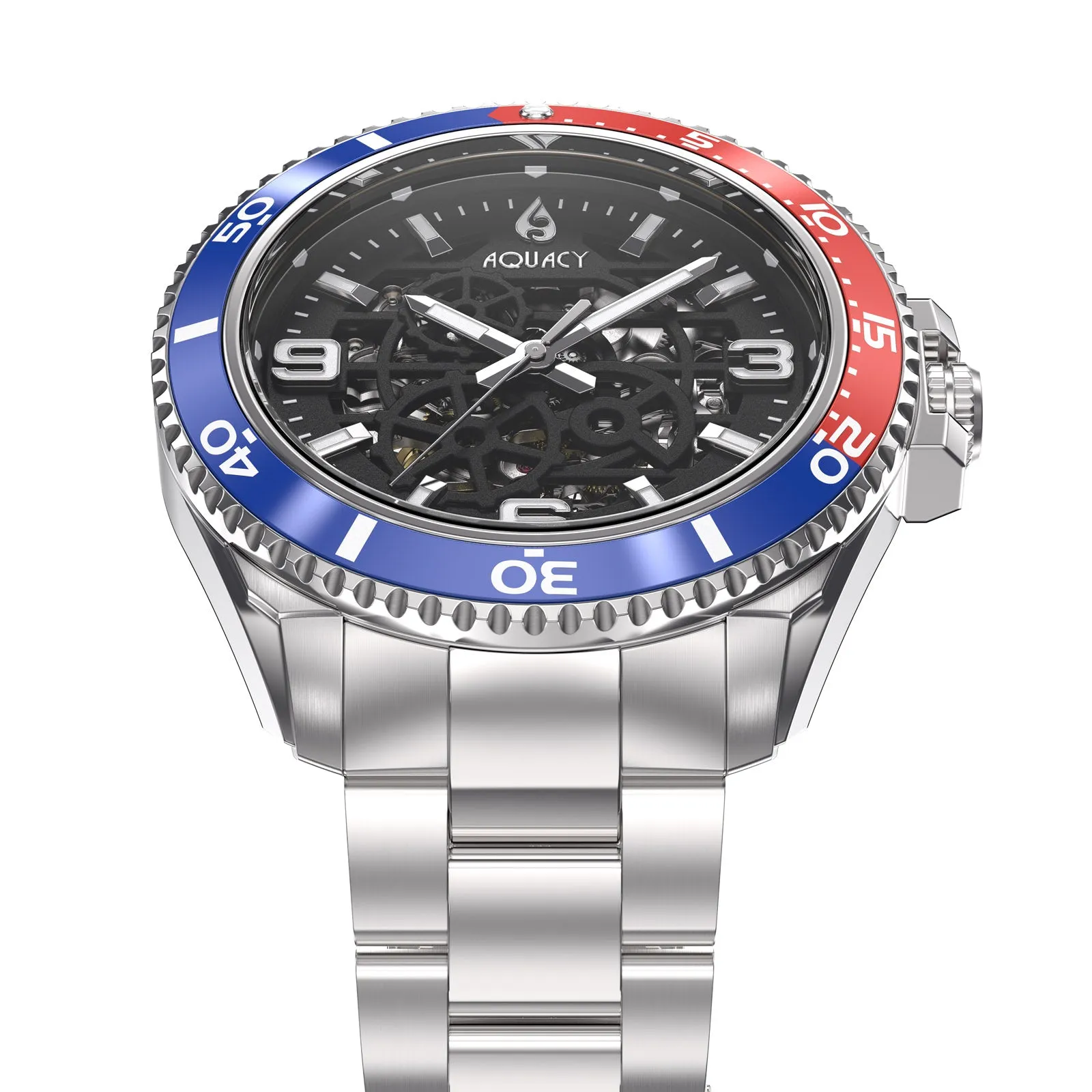 Aquacy Hei Matau Skeleton Watch 200M Black Dial Blue/Red Bezel Men's Automatic