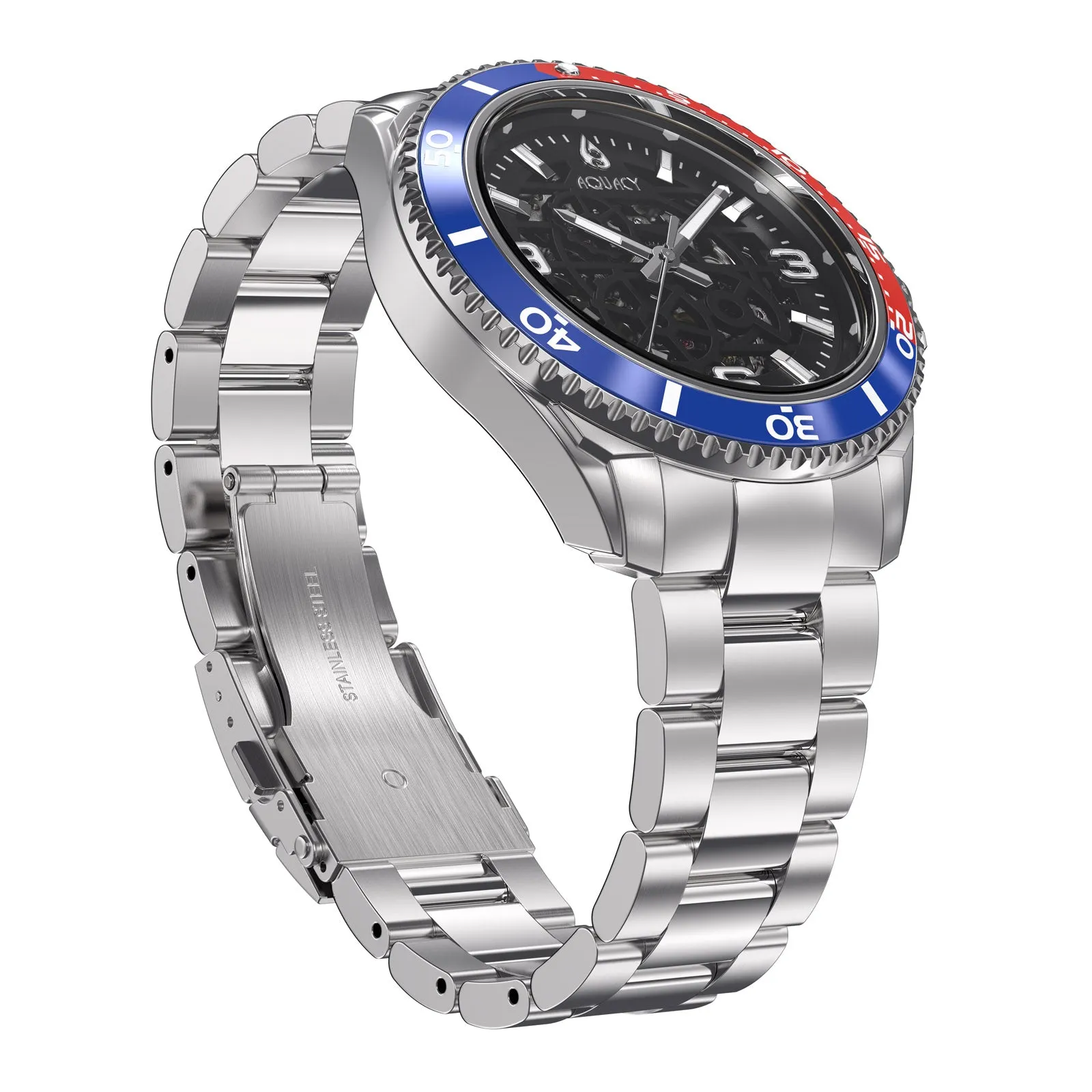 Aquacy Hei Matau Skeleton Watch 200M Black Dial Blue/Red Bezel Men's Automatic