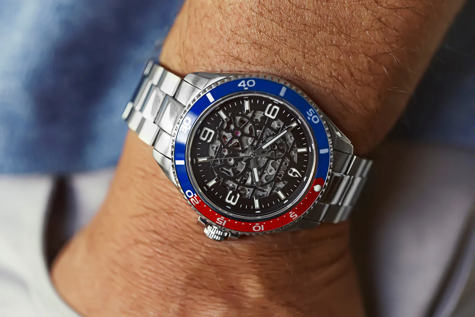 Aquacy Hei Matau Skeleton Watch 200M Black Dial Blue/Red Bezel Men's Automatic