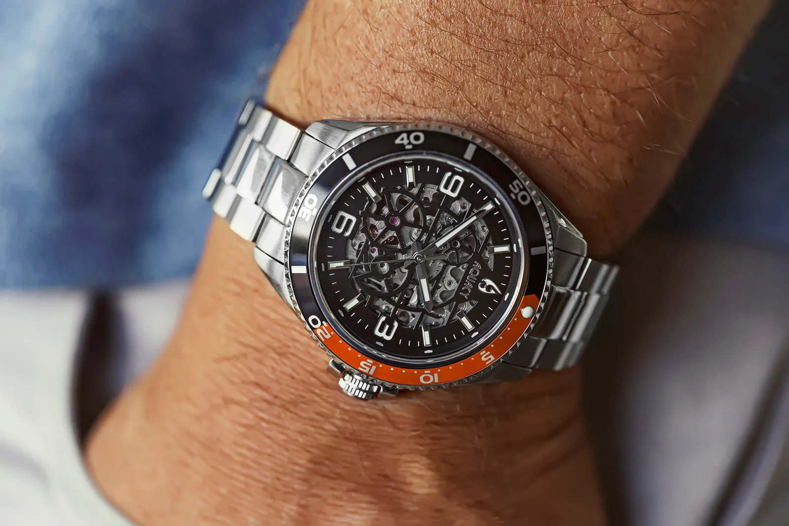 Aquacy Hei Matau Skeleton Watch 200M Black Dial Orange Bezel Men's Automatic