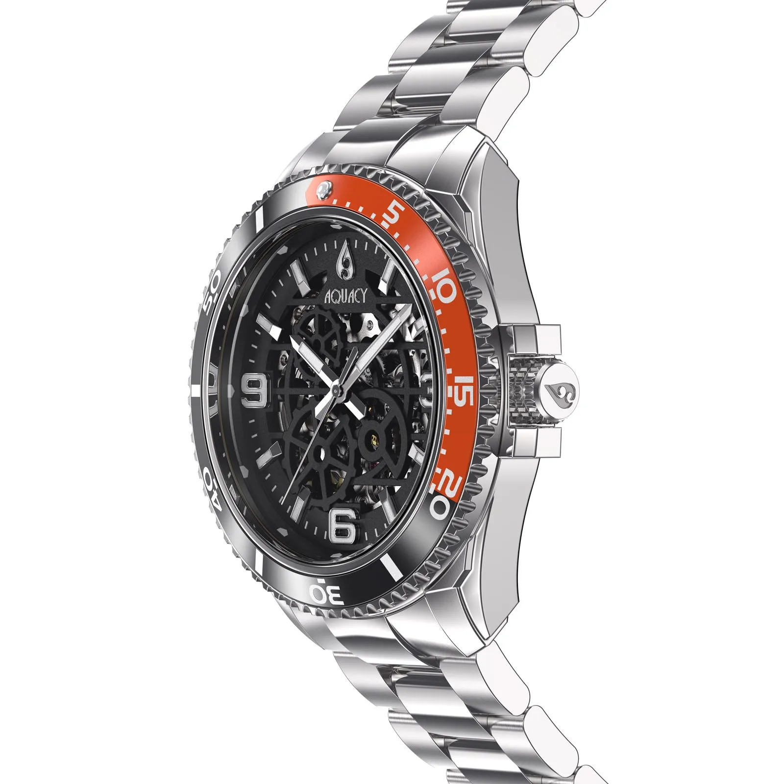 Aquacy Hei Matau Skeleton Watch 200M Black Dial Orange Bezel Men's Automatic