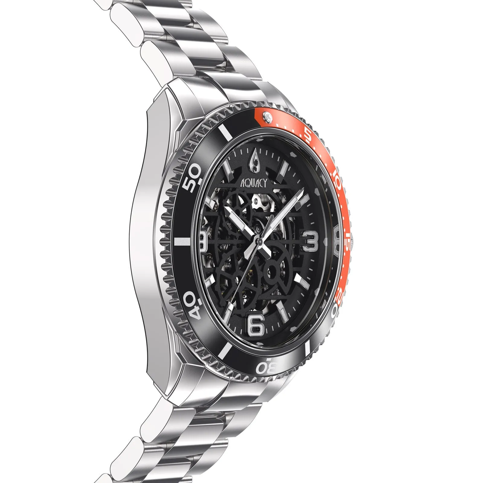 Aquacy Hei Matau Skeleton Watch 200M Black Dial Orange Bezel Men's Automatic