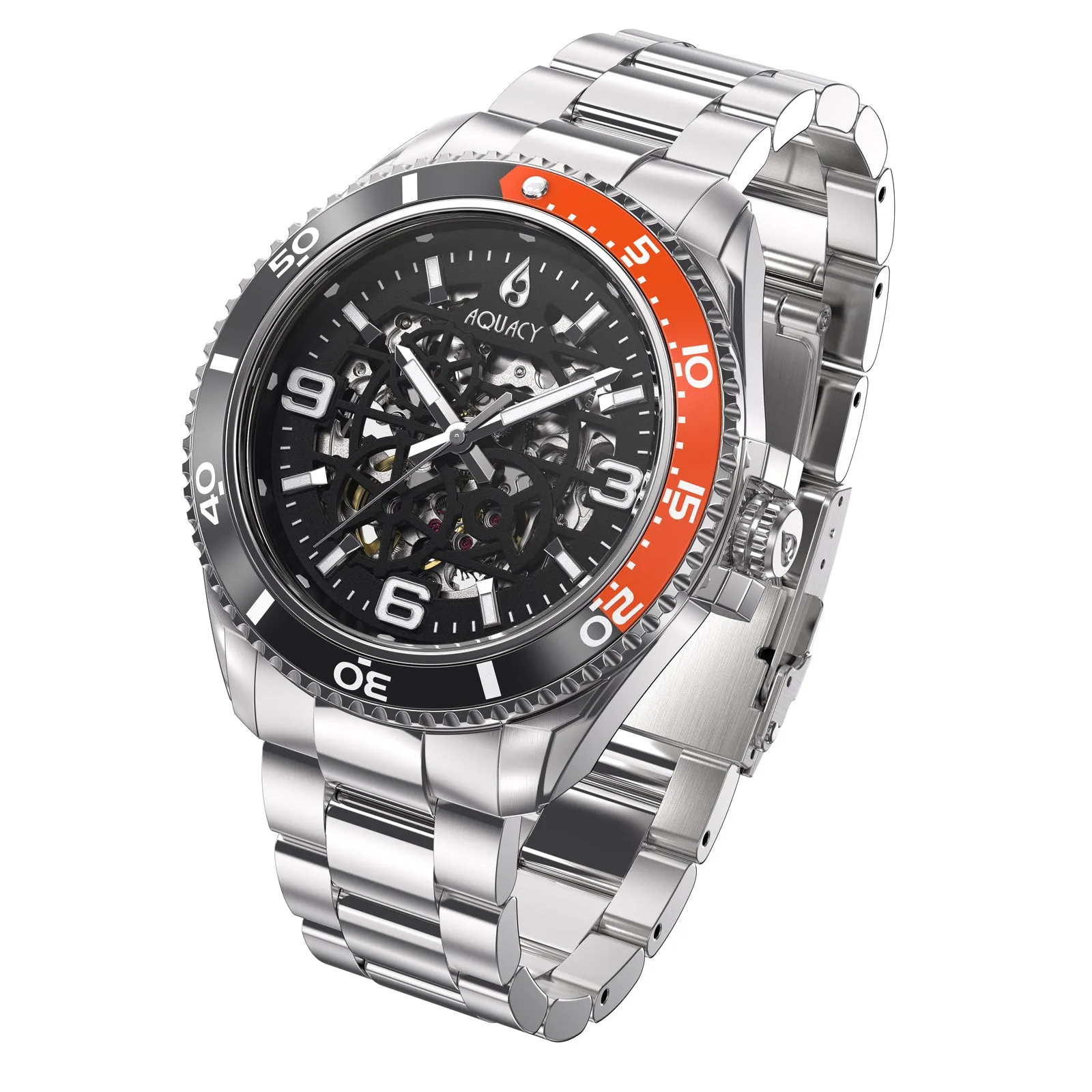 Aquacy Hei Matau Skeleton Watch 200M Black Dial Orange Bezel Men's Automatic