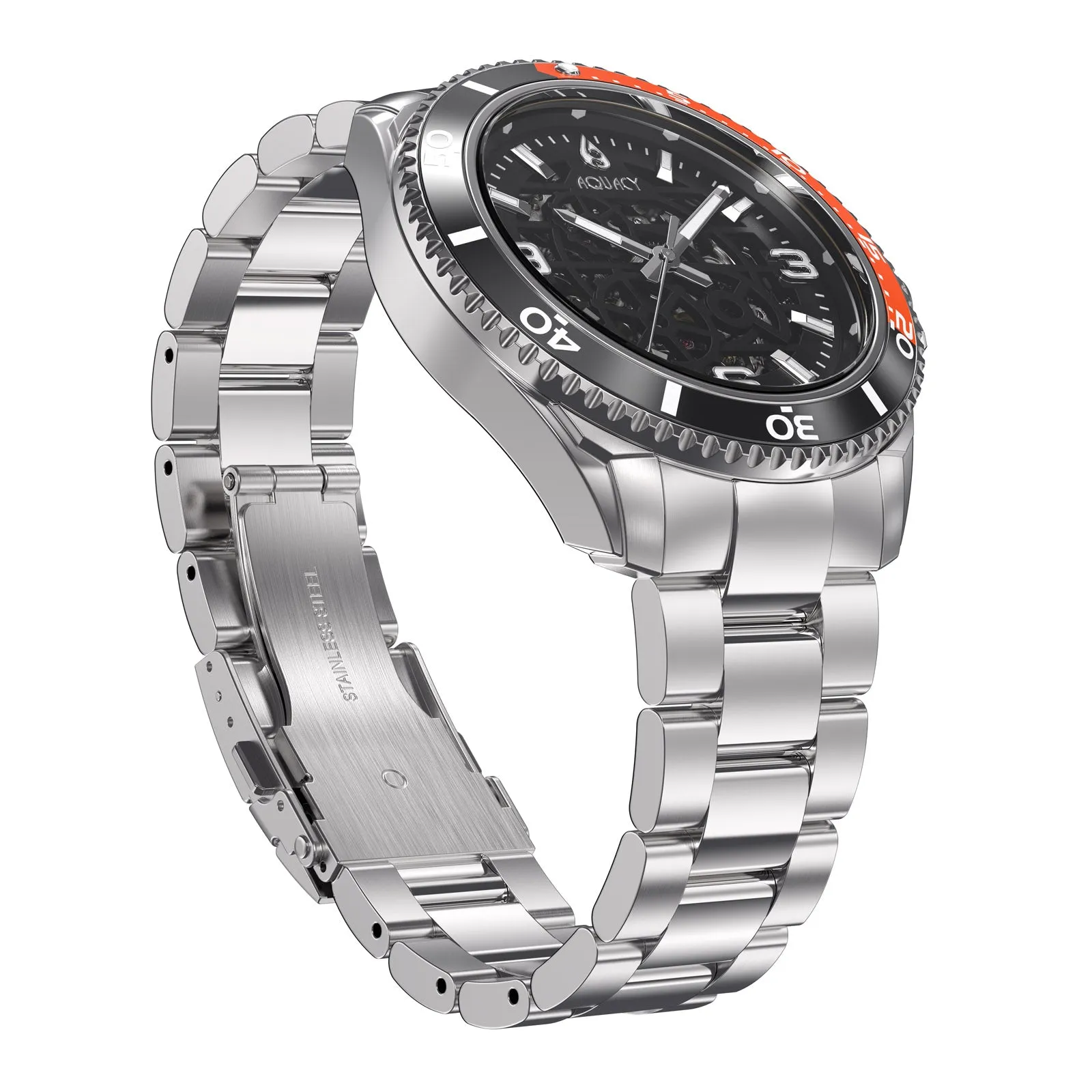 Aquacy Hei Matau Skeleton Watch 200M Black Dial Orange Bezel Men's Automatic