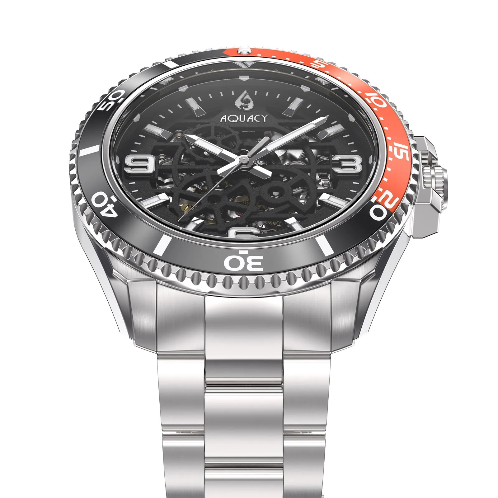Aquacy Hei Matau Skeleton Watch 200M Black Dial Orange Bezel Men's Automatic