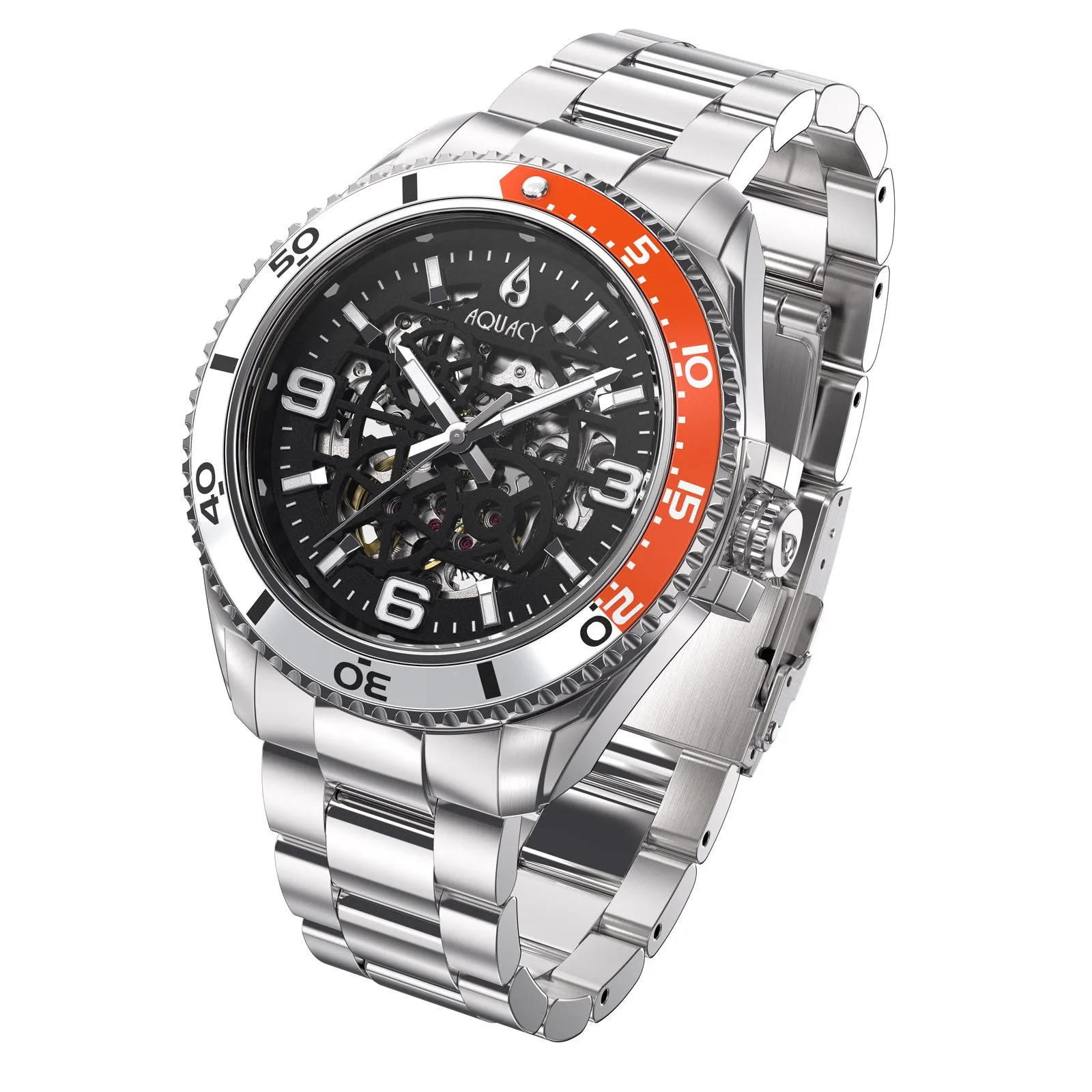 Aquacy Hei Matau Skeleton Watch 200M Black Dial Orange/Silver Bezel Men's Automatic
