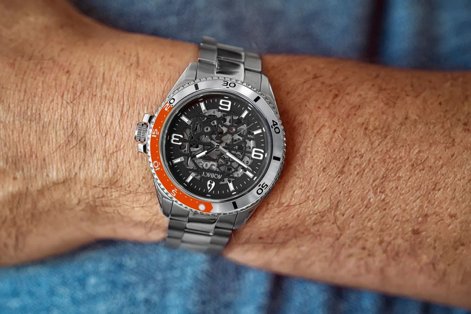 Aquacy Hei Matau Skeleton Watch 200M Black Dial Orange/Silver Bezel Men's Automatic