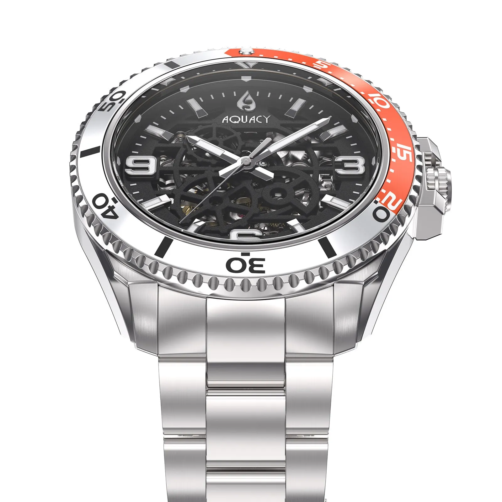 Aquacy Hei Matau Skeleton Watch 200M Black Dial Orange/Silver Bezel Men's Automatic