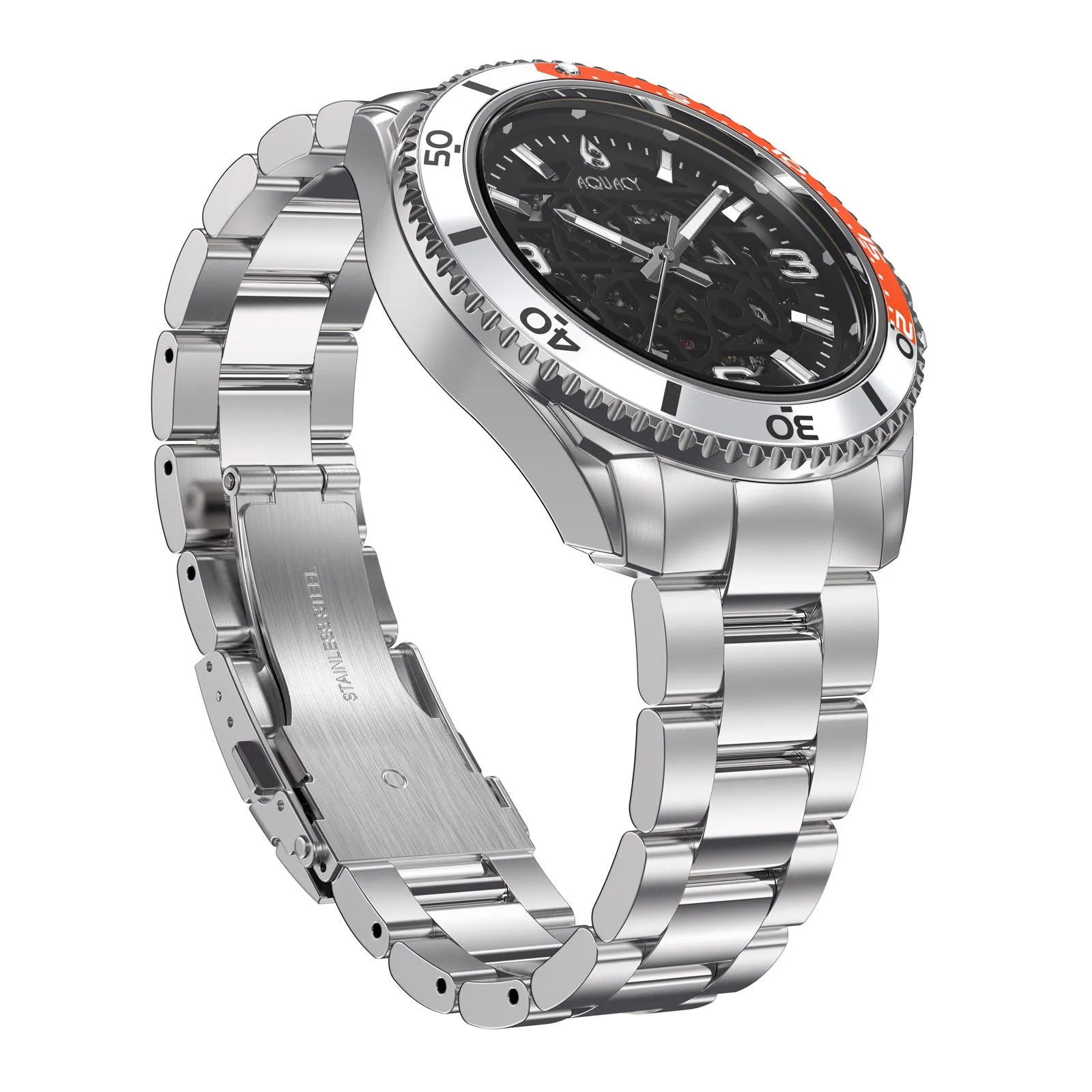 Aquacy Hei Matau Skeleton Watch 200M Black Dial Orange/Silver Bezel Men's Automatic