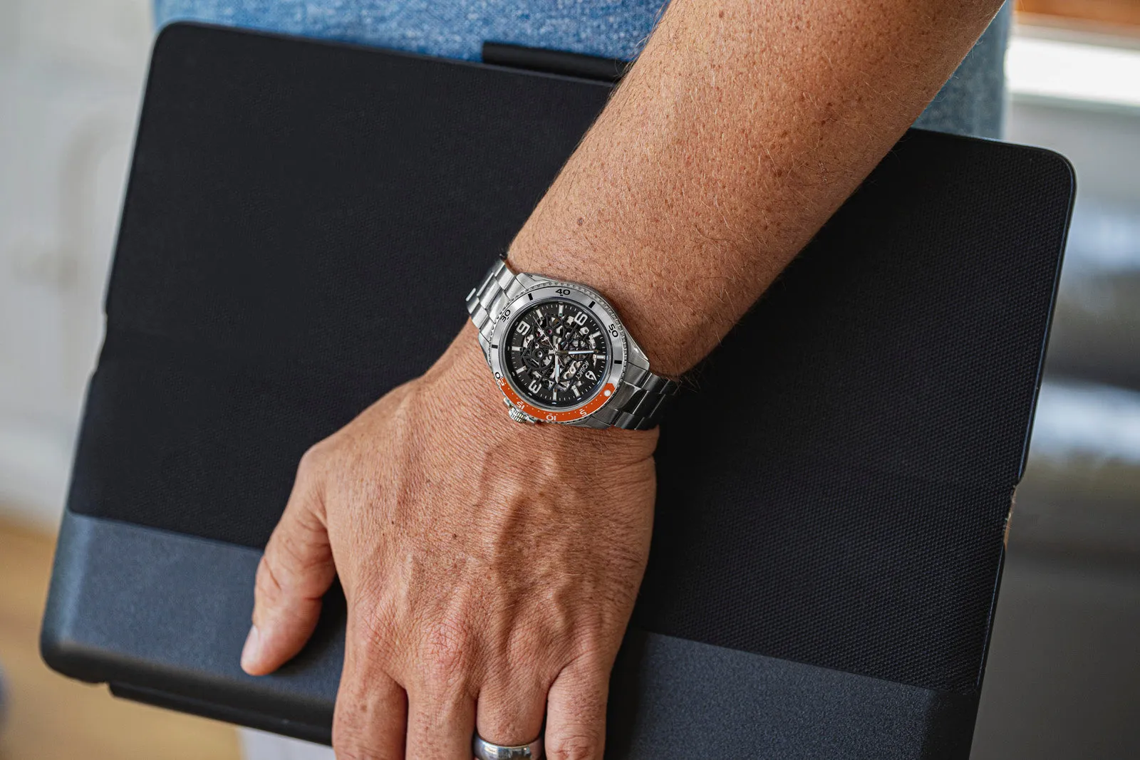 Aquacy Hei Matau Skeleton Watch 200M Black Dial Orange/Silver Bezel Men's Automatic