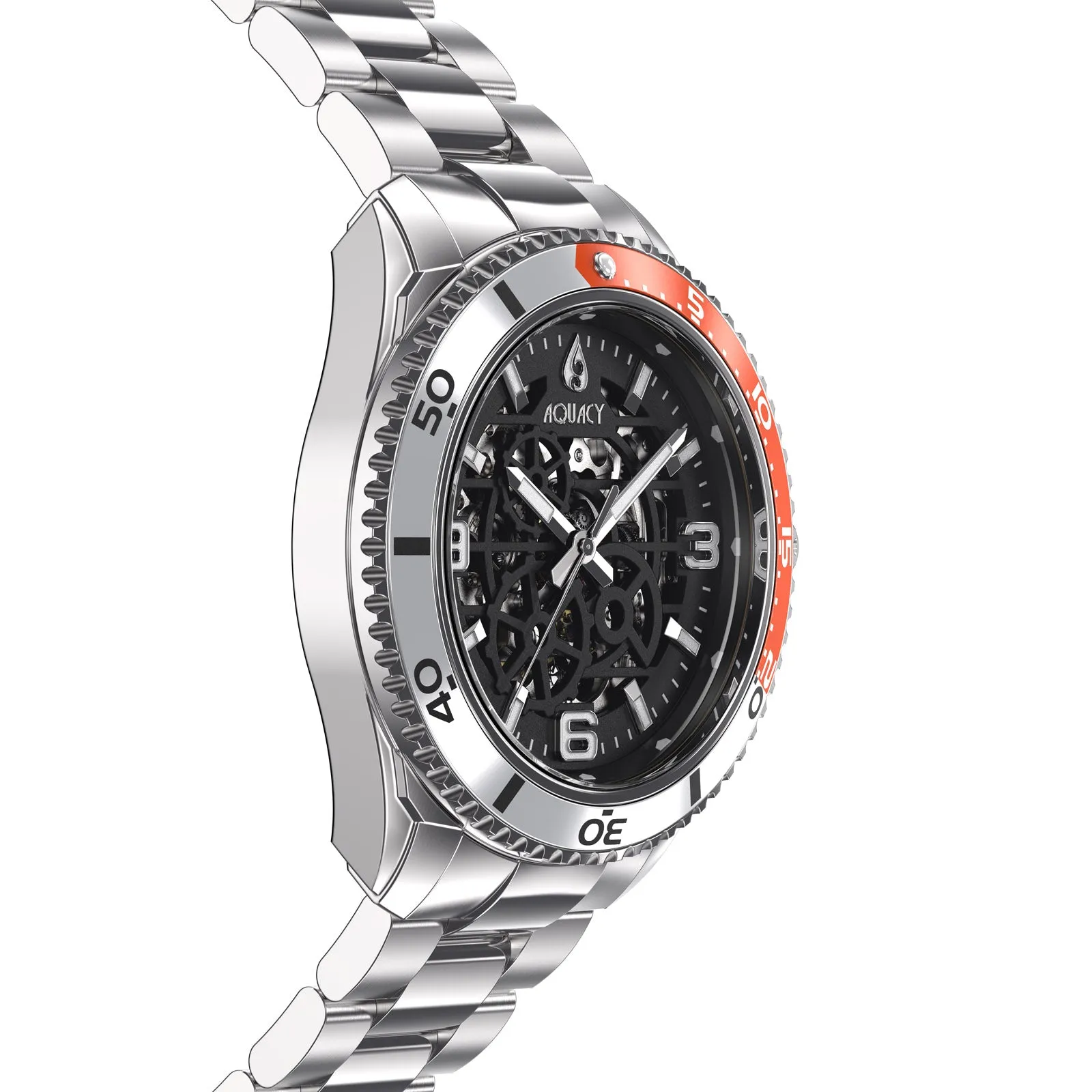 Aquacy Hei Matau Skeleton Watch 200M Black Dial Orange/Silver Bezel Men's Automatic