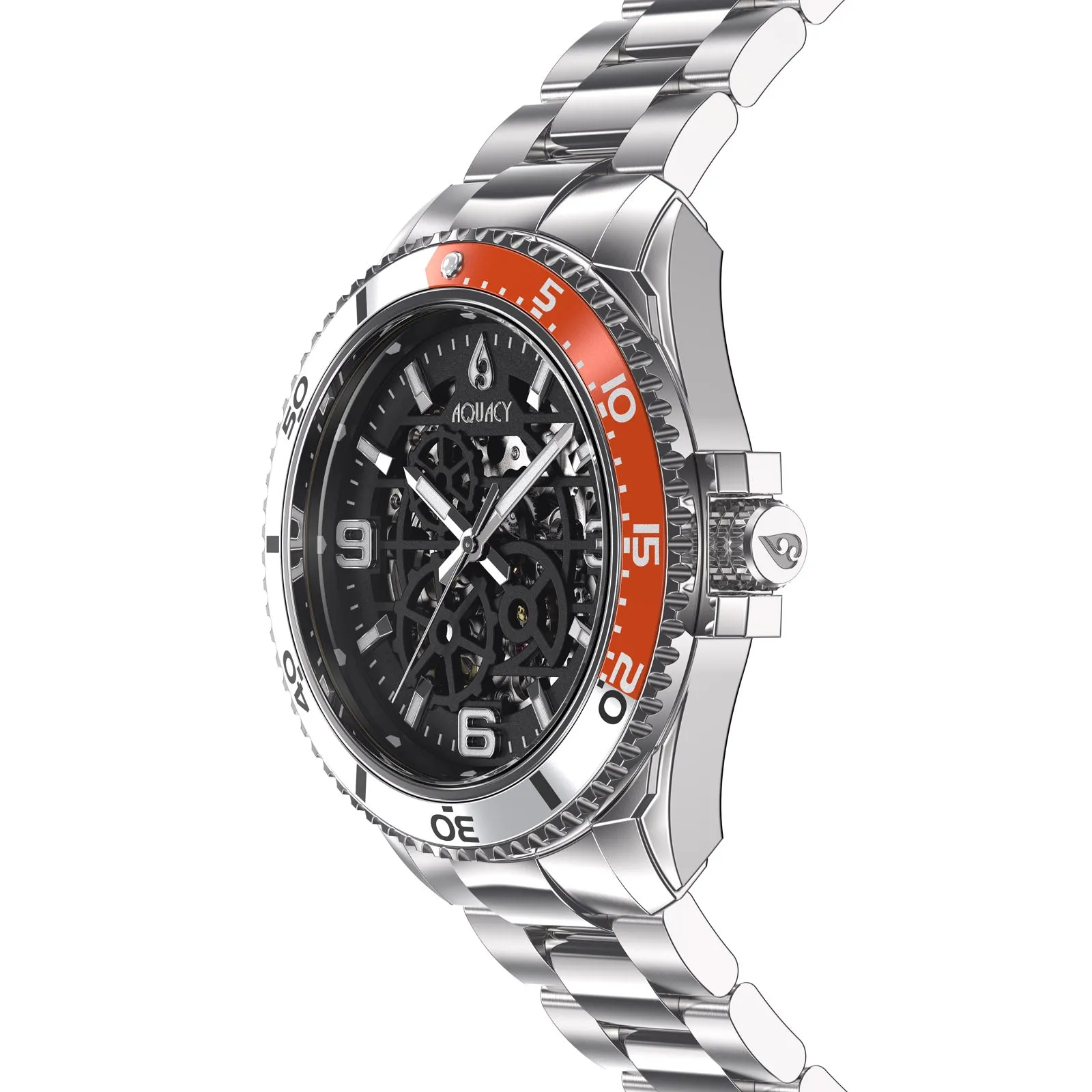 Aquacy Hei Matau Skeleton Watch 200M Black Dial Orange/Silver Bezel Men's Automatic