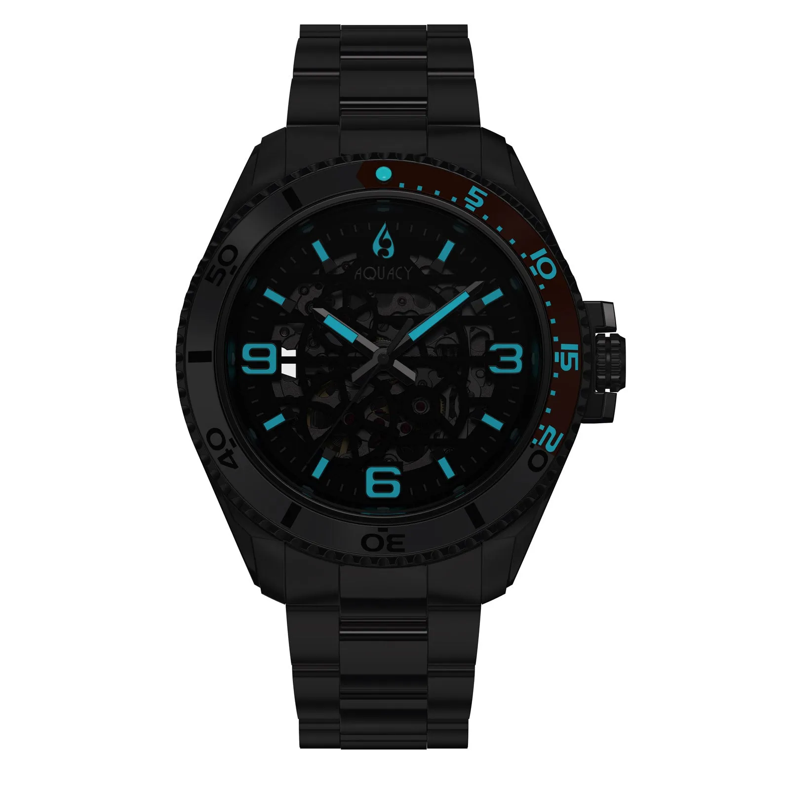 Aquacy Hei Matau Skeleton Watch 200M Black Dial Orange/Silver Bezel Men's Automatic