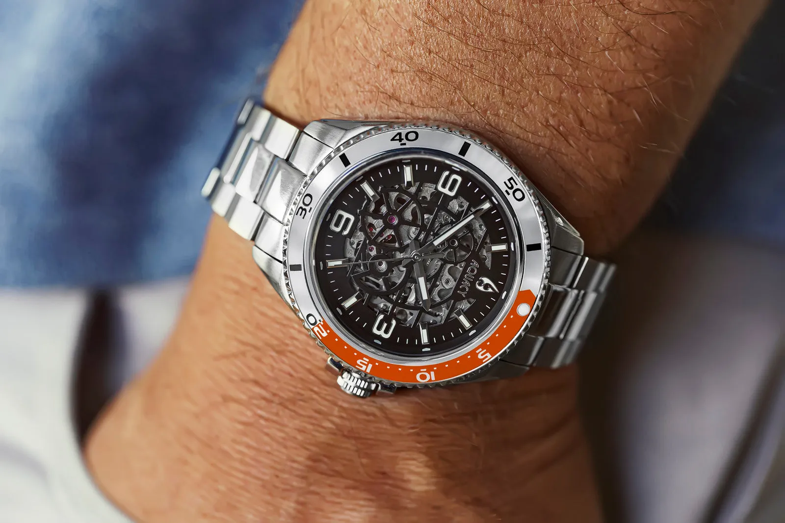 Aquacy Hei Matau Skeleton Watch 200M Black Dial Orange/Silver Bezel Men's Automatic