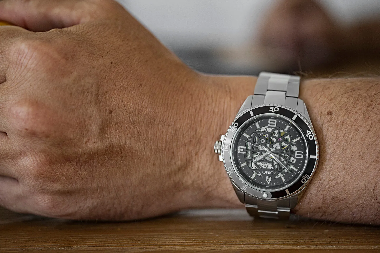 Aquacy Hei Matau Skeleton Watch 200M Black Dial Silver/Black Bezel Men's Automatic