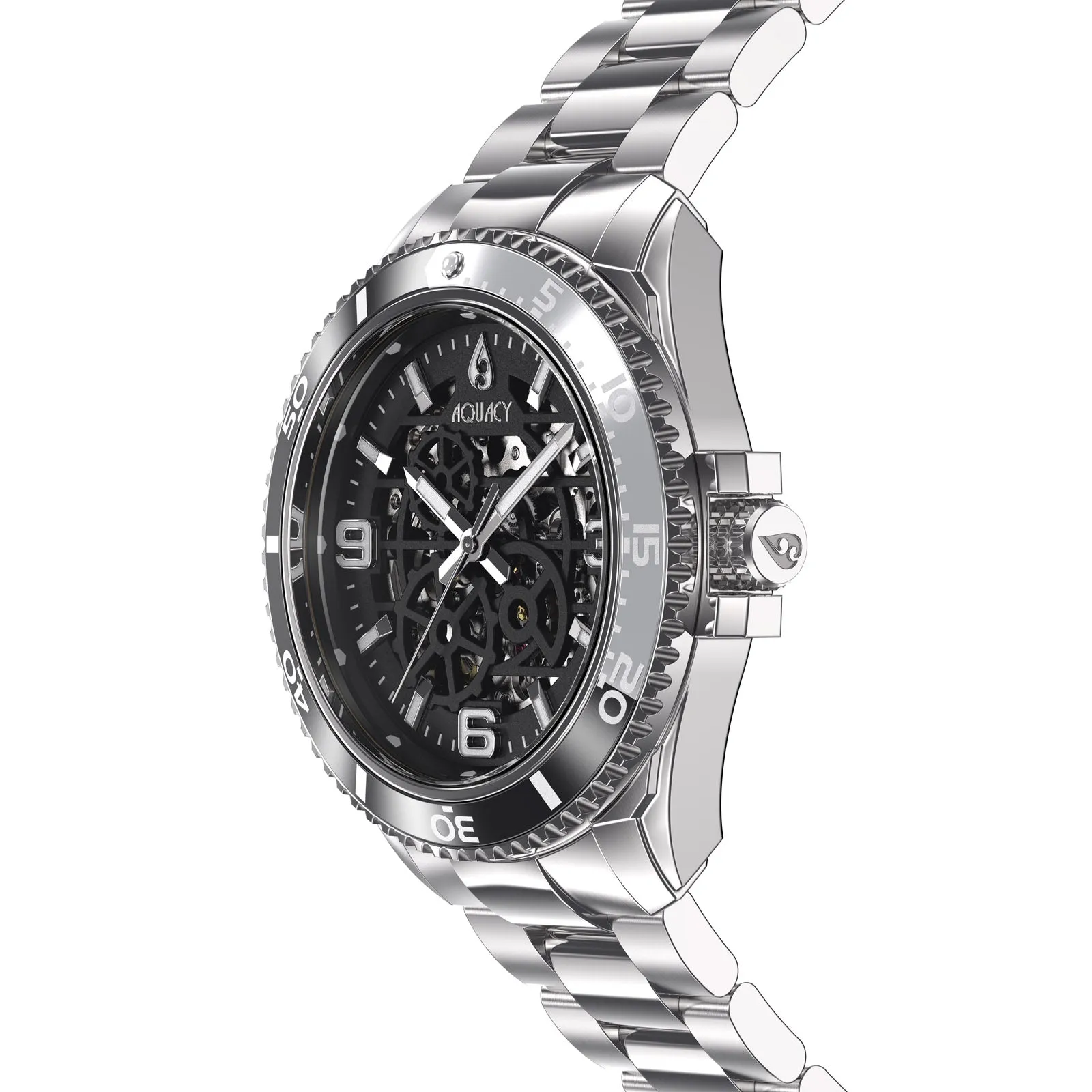 Aquacy Hei Matau Skeleton Watch 200M Black Dial Silver/Black Bezel Men's Automatic