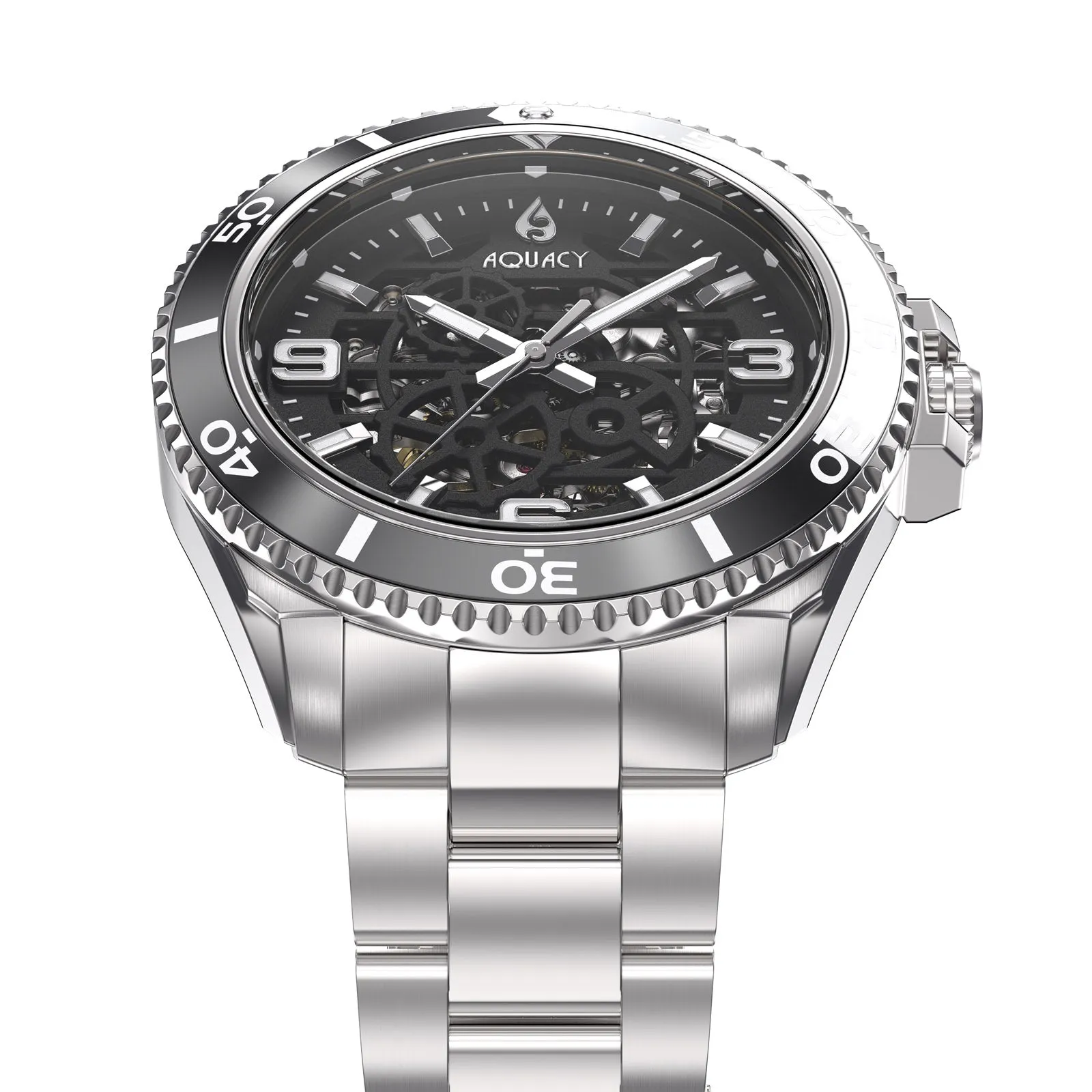 Aquacy Hei Matau Skeleton Watch 200M Black Dial Silver/Black Bezel Men's Automatic