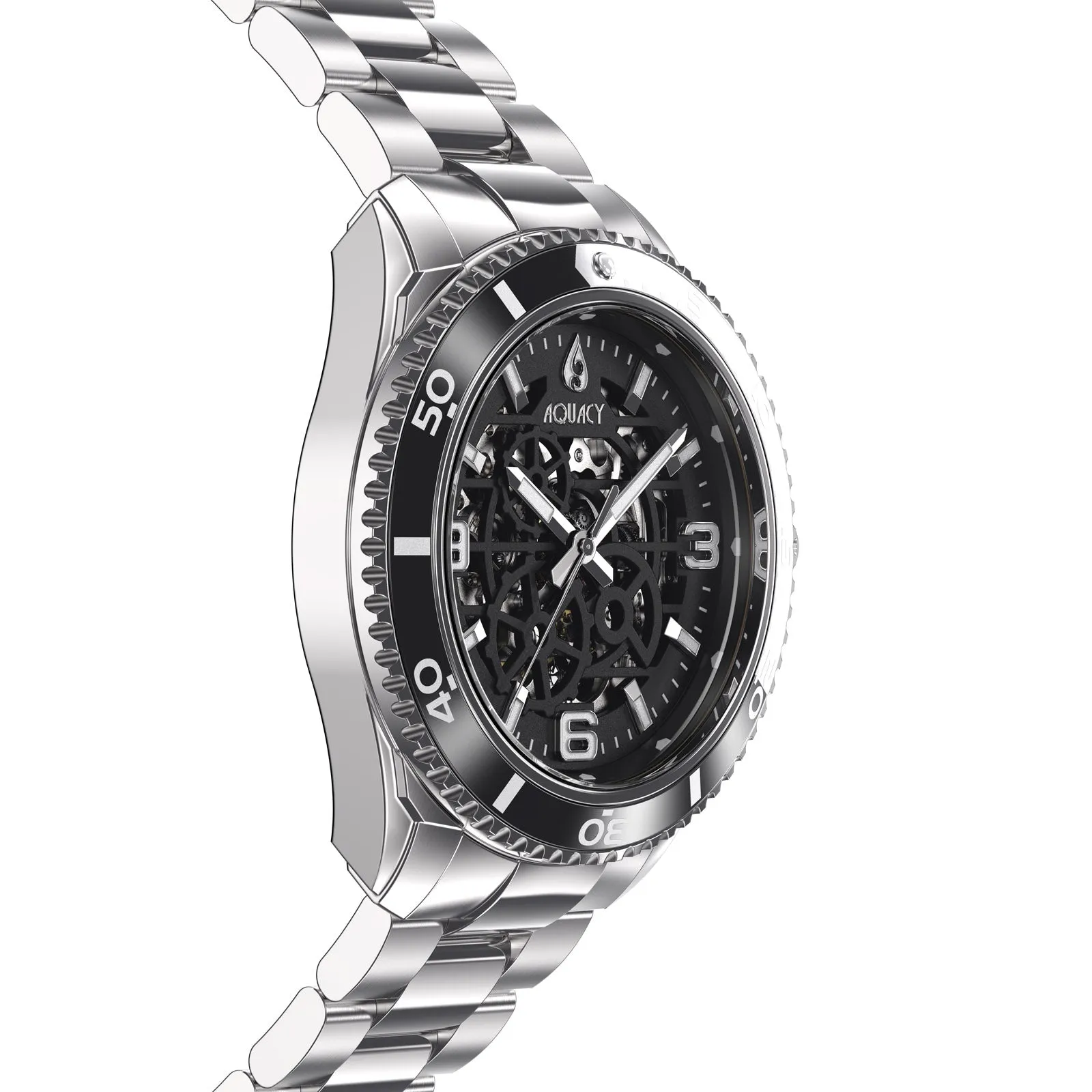 Aquacy Hei Matau Skeleton Watch 200M Black Dial Silver/Black Bezel Men's Automatic