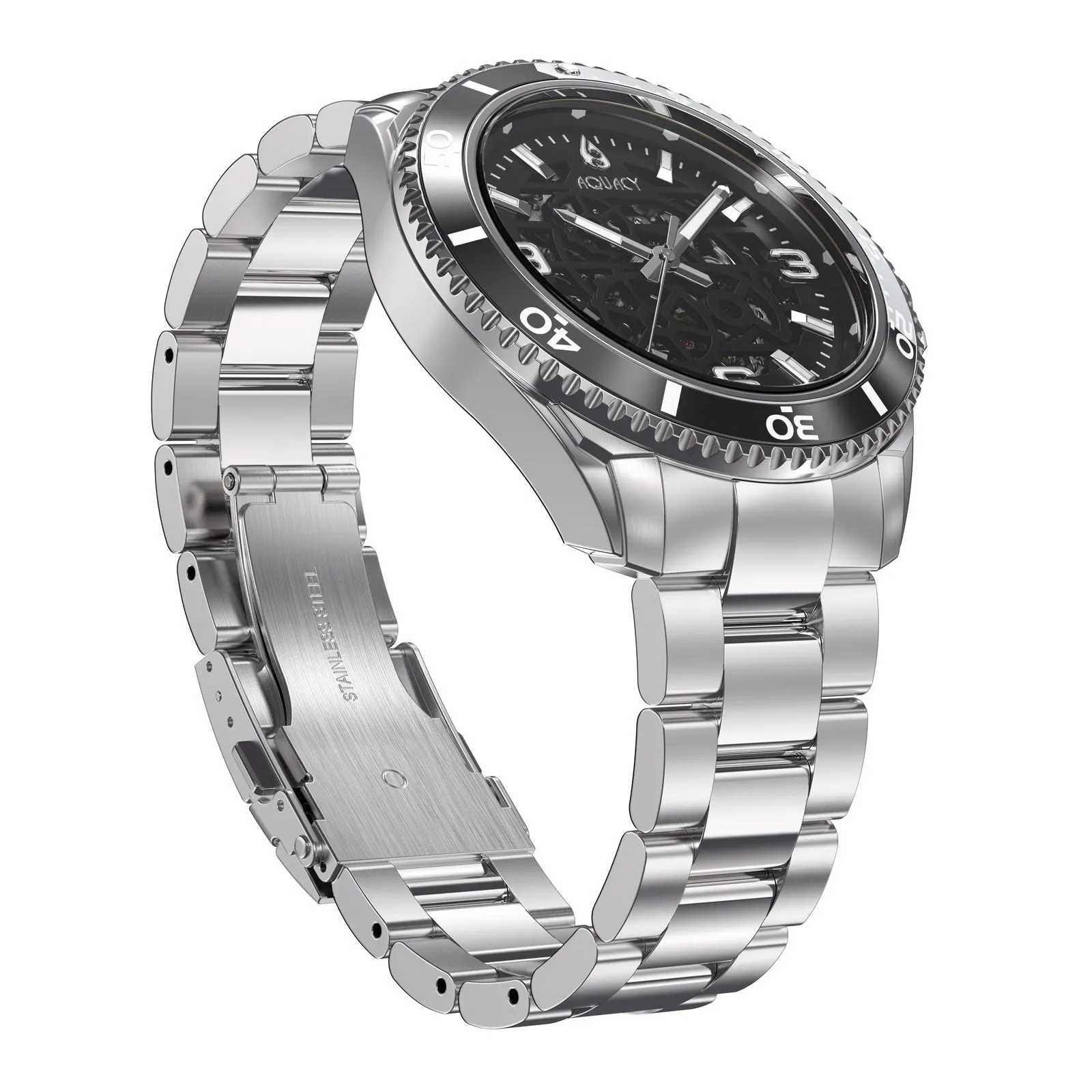Aquacy Hei Matau Skeleton Watch 200M Black Dial Silver/Black Bezel Men's Automatic