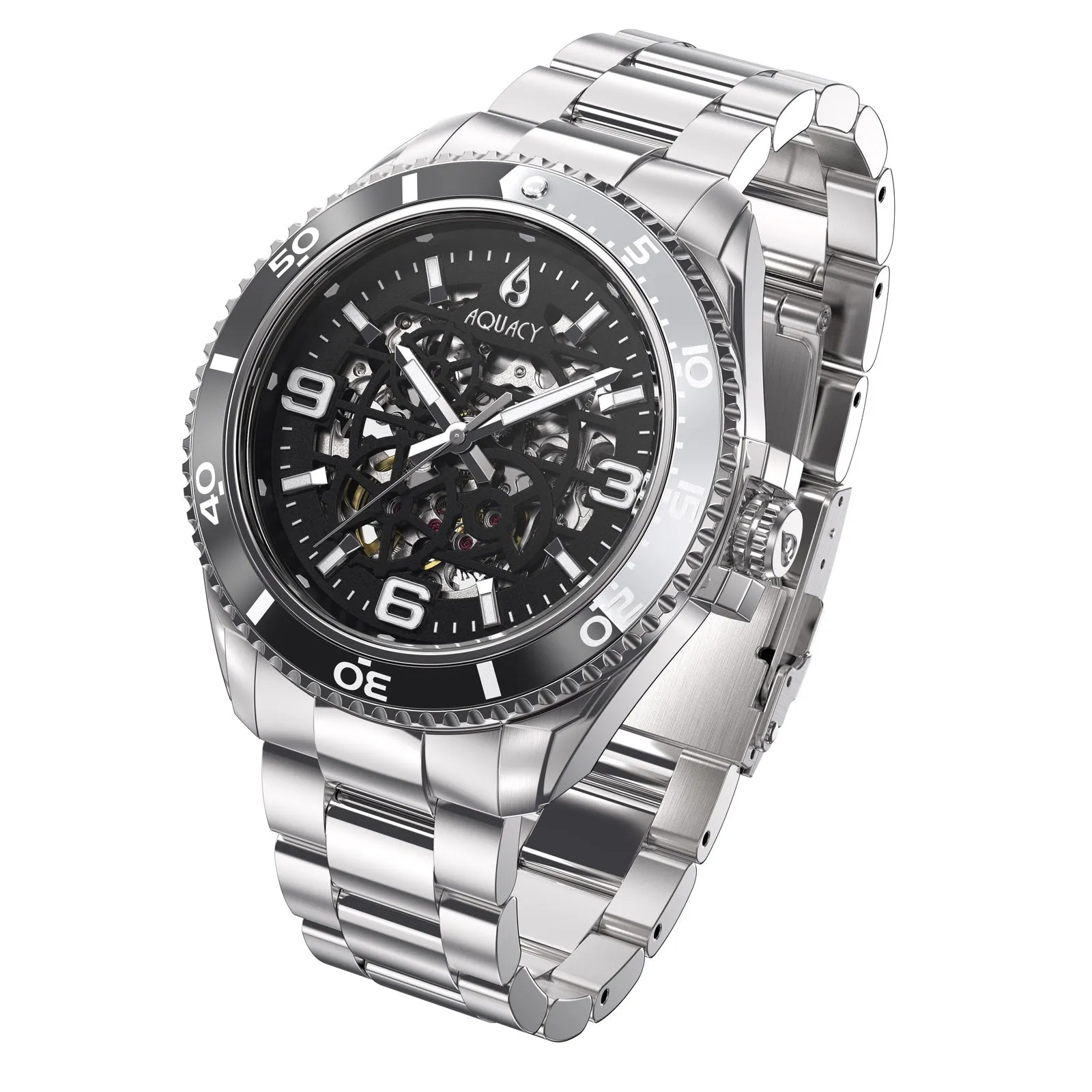 Aquacy Hei Matau Skeleton Watch 200M Black Dial Silver/Black Bezel Men's Automatic