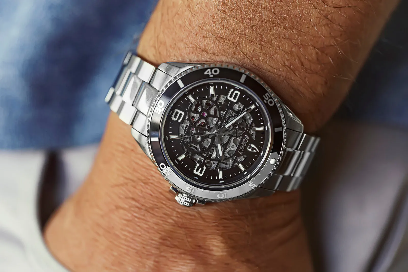 Aquacy Hei Matau Skeleton Watch 200M Black Dial Silver/Black Bezel Men's Automatic