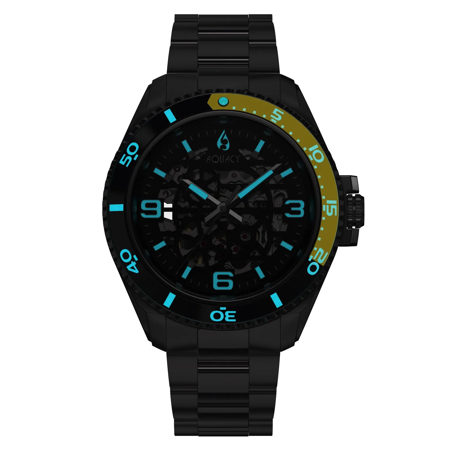 Aquacy Hei Matau Skeleton Watch 200M Black Dial Yellow  Bezel Men's Automatic
