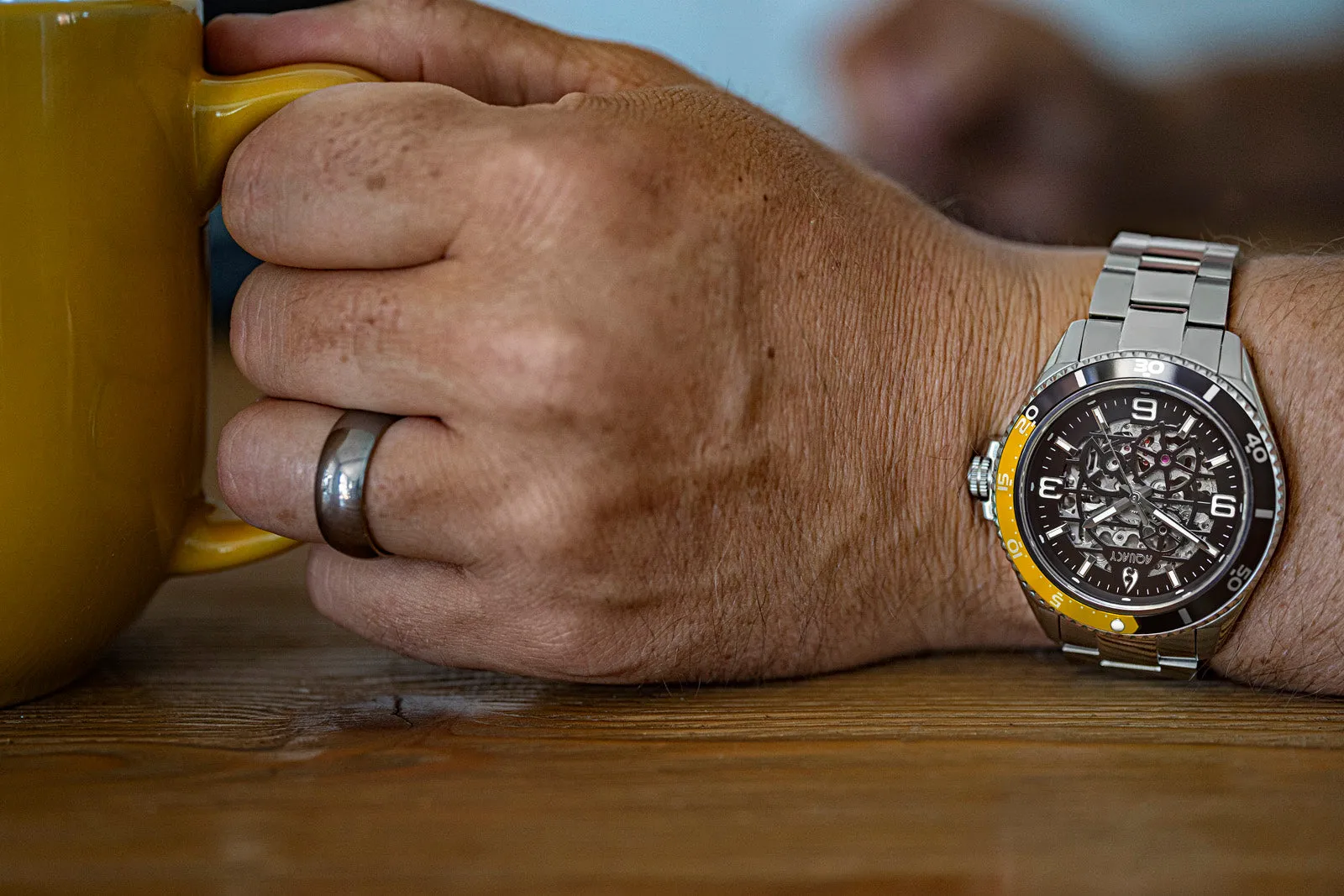 Aquacy Hei Matau Skeleton Watch 200M Black Dial Yellow  Bezel Men's Automatic