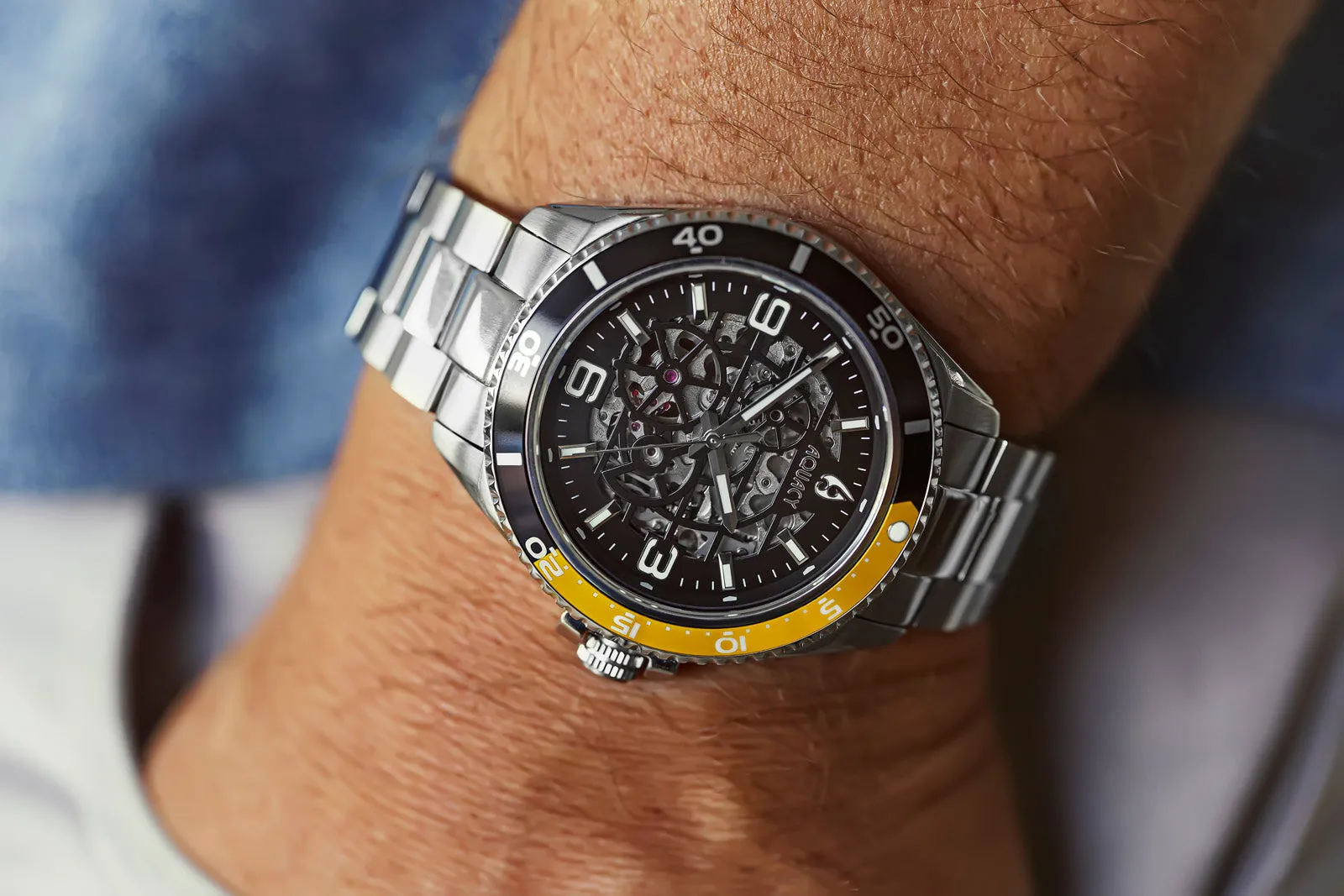 Aquacy Hei Matau Skeleton Watch 200M Black Dial Yellow  Bezel Men's Automatic