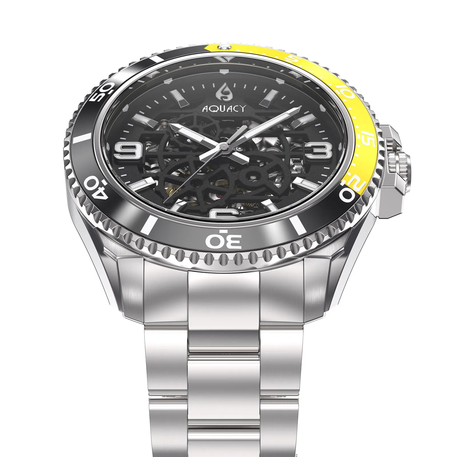 Aquacy Hei Matau Skeleton Watch 200M Black Dial Yellow  Bezel Men's Automatic