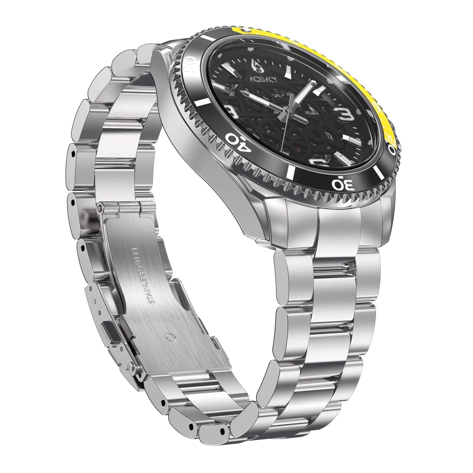 Aquacy Hei Matau Skeleton Watch 200M Black Dial Yellow  Bezel Men's Automatic