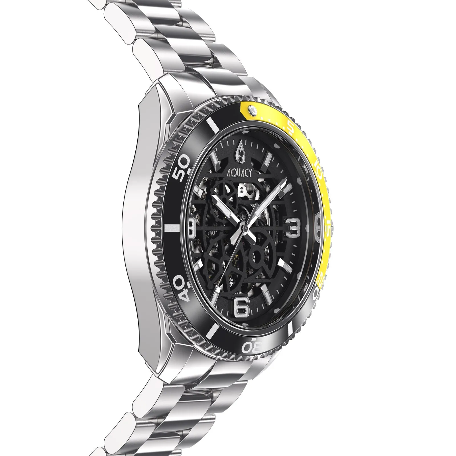 Aquacy Hei Matau Skeleton Watch 200M Black Dial Yellow  Bezel Men's Automatic
