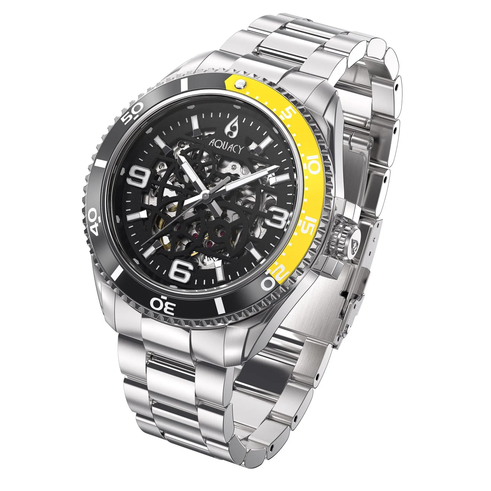 Aquacy Hei Matau Skeleton Watch 200M Black Dial Yellow  Bezel Men's Automatic