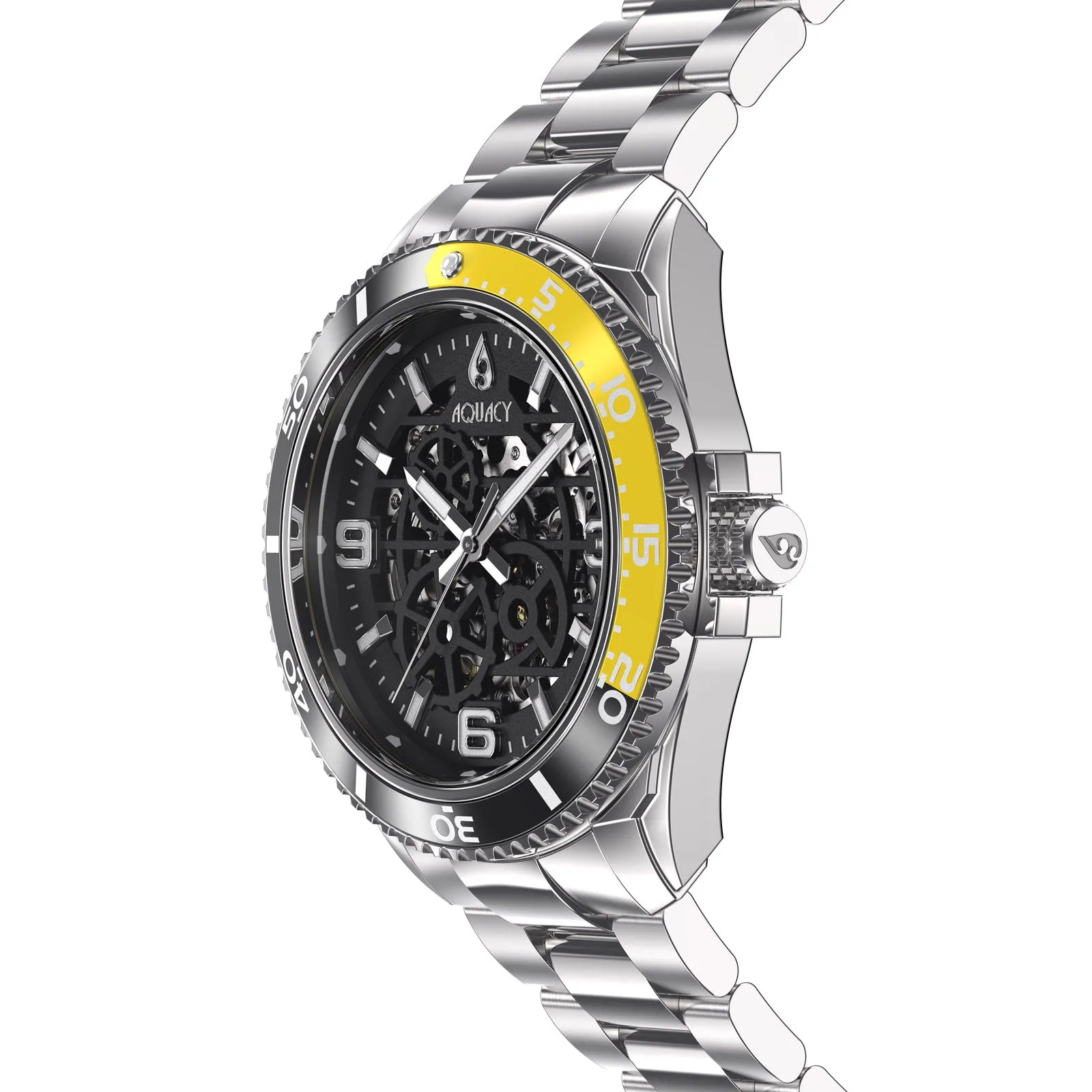 Aquacy Hei Matau Skeleton Watch 200M Black Dial Yellow  Bezel Men's Automatic