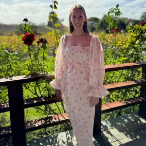 Atlanta Linen Dress with Rose Detail in Roses