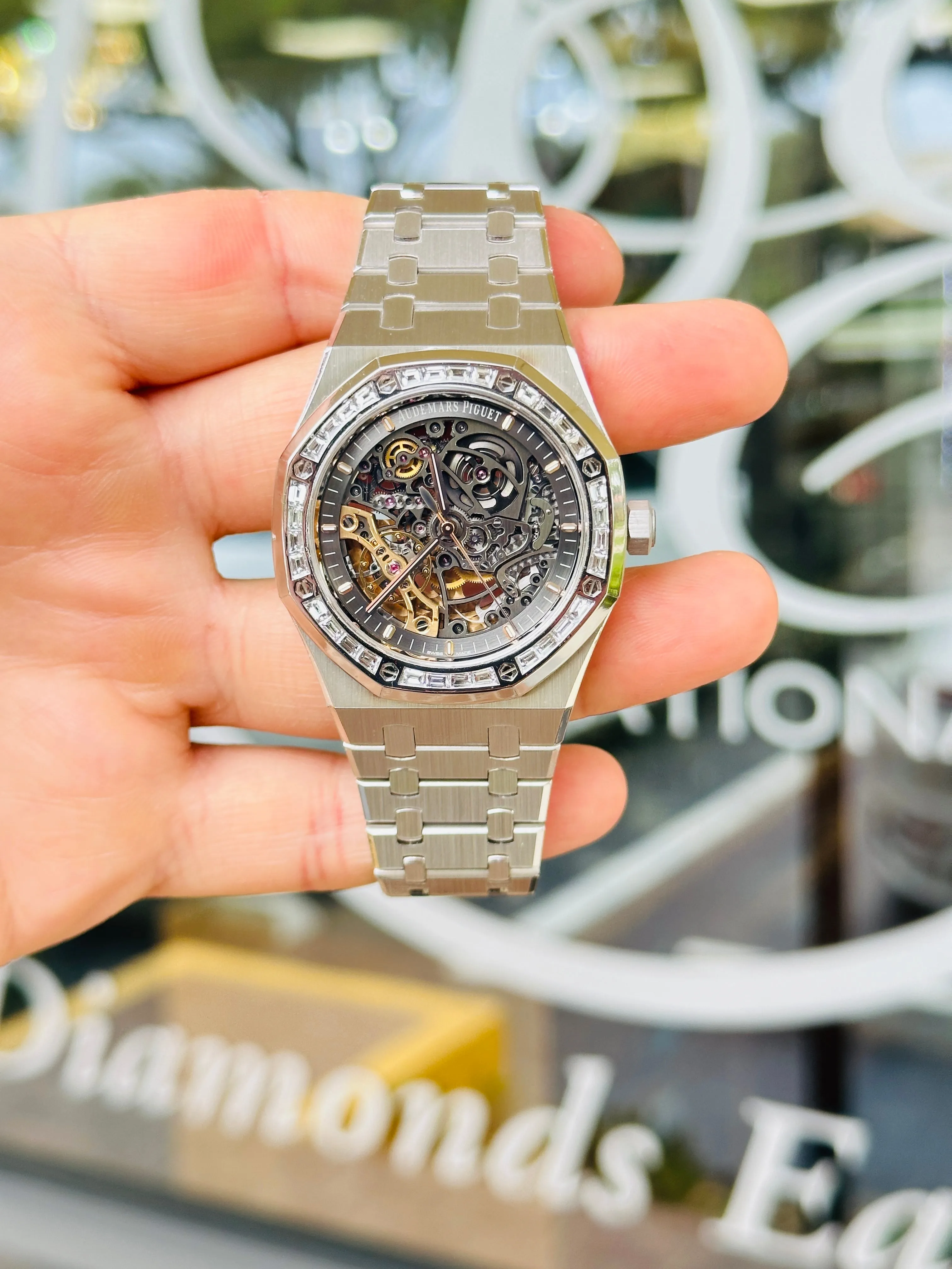 Audemars Piguet Royal Oak Double Balance Wheel Openwork White Gold Skeleton Factory Baguette Diamond Bezel 15412BC.ZZ.1220BC.01