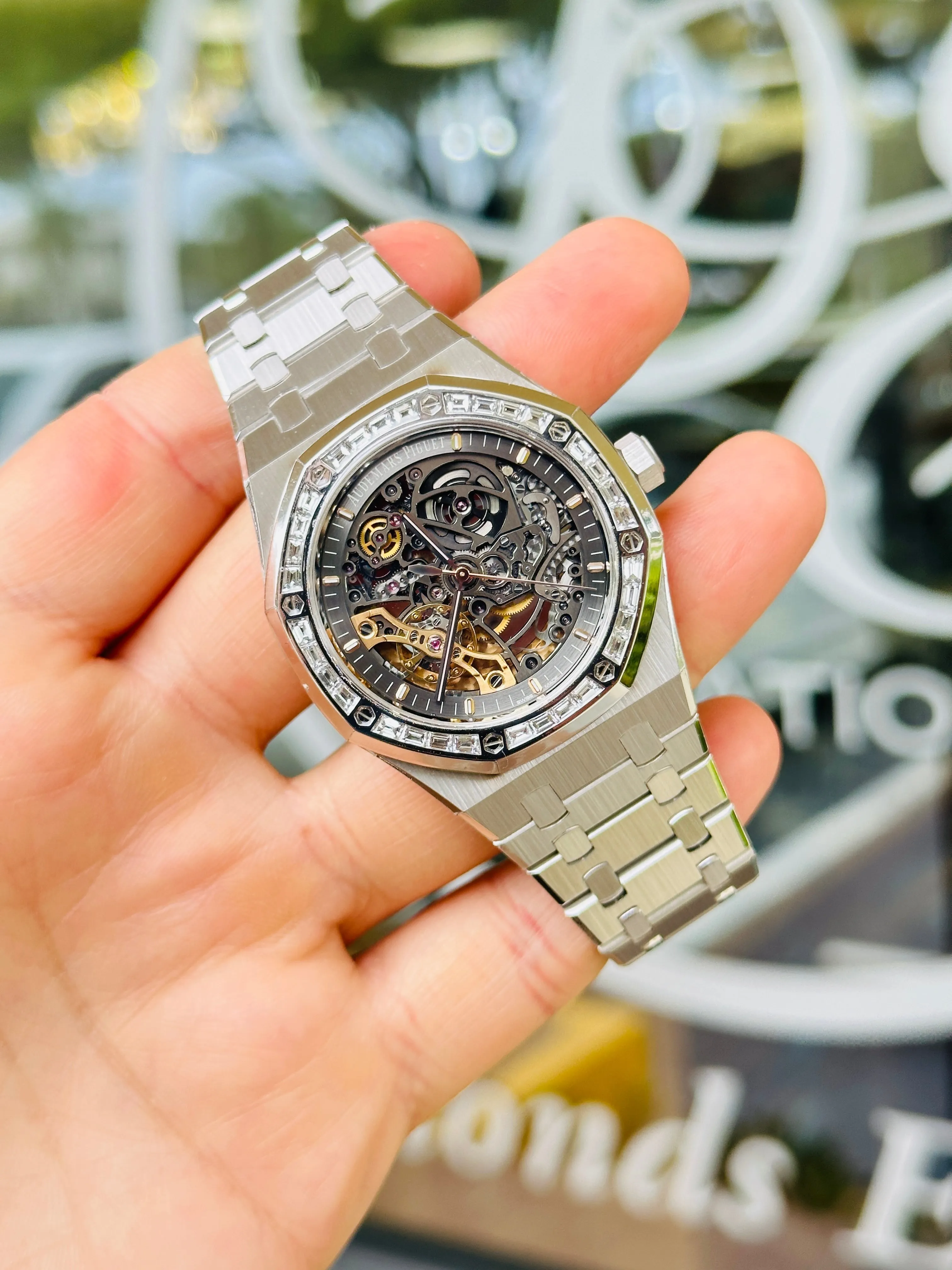 Audemars Piguet Royal Oak Double Balance Wheel Openwork White Gold Skeleton Factory Baguette Diamond Bezel 15412BC.ZZ.1220BC.01
