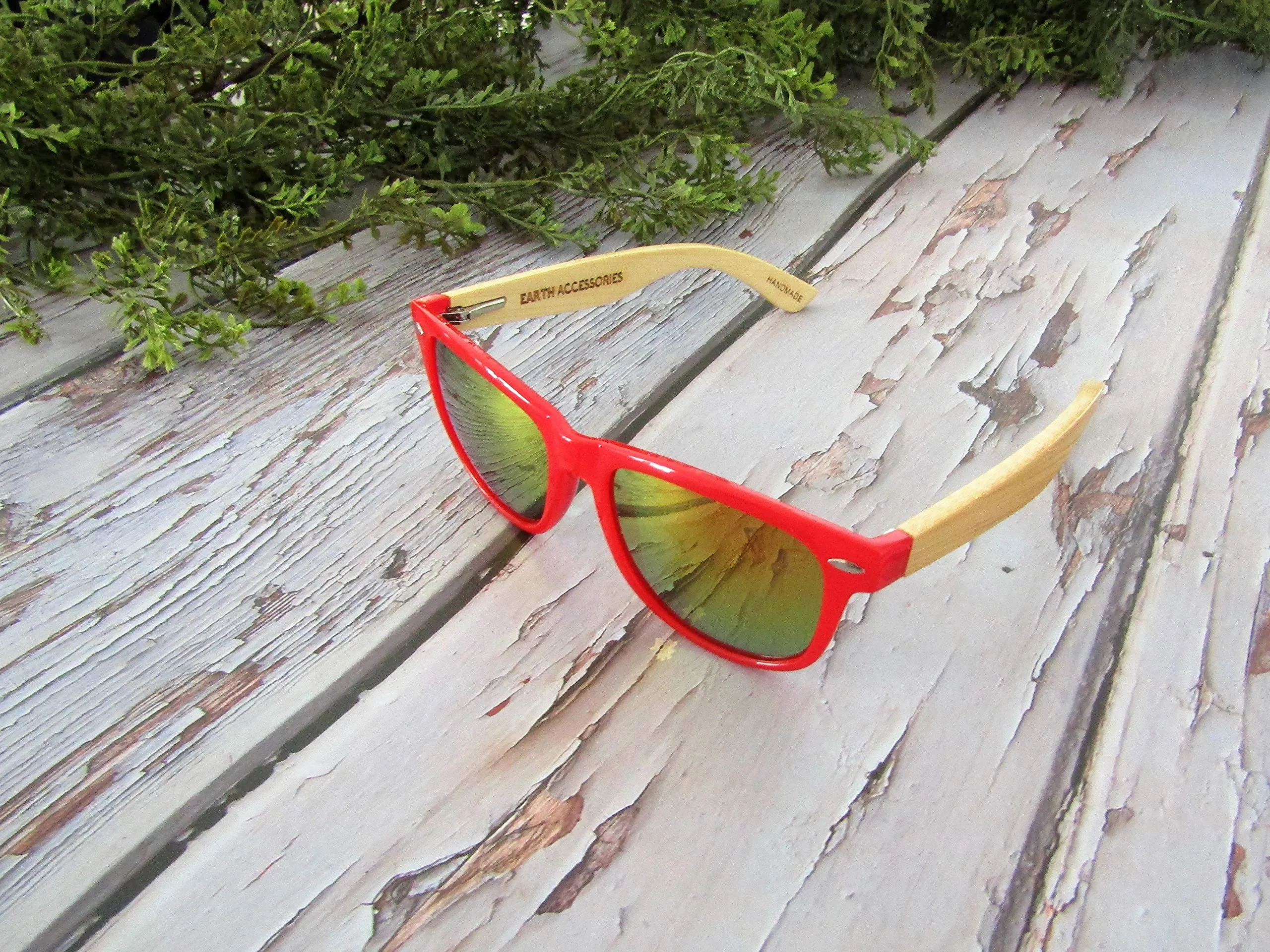 Bamboo Wood Sunglasses for Men and Women, Unisex Colored Wooden Sunglasses, Red