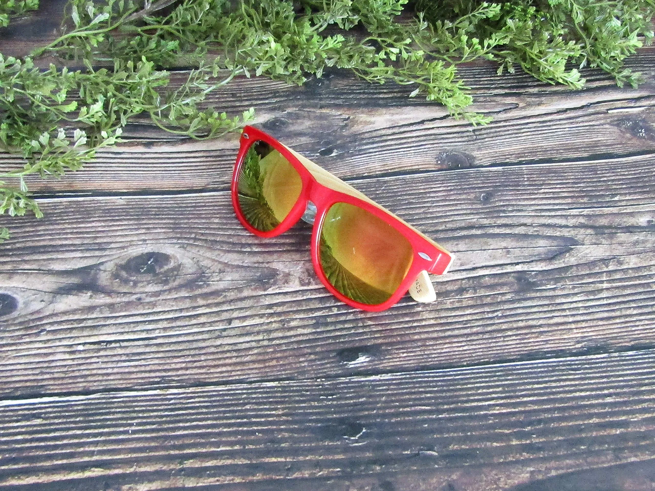 Bamboo Wood Sunglasses for Men and Women, Unisex Colored Wooden Sunglasses, Red